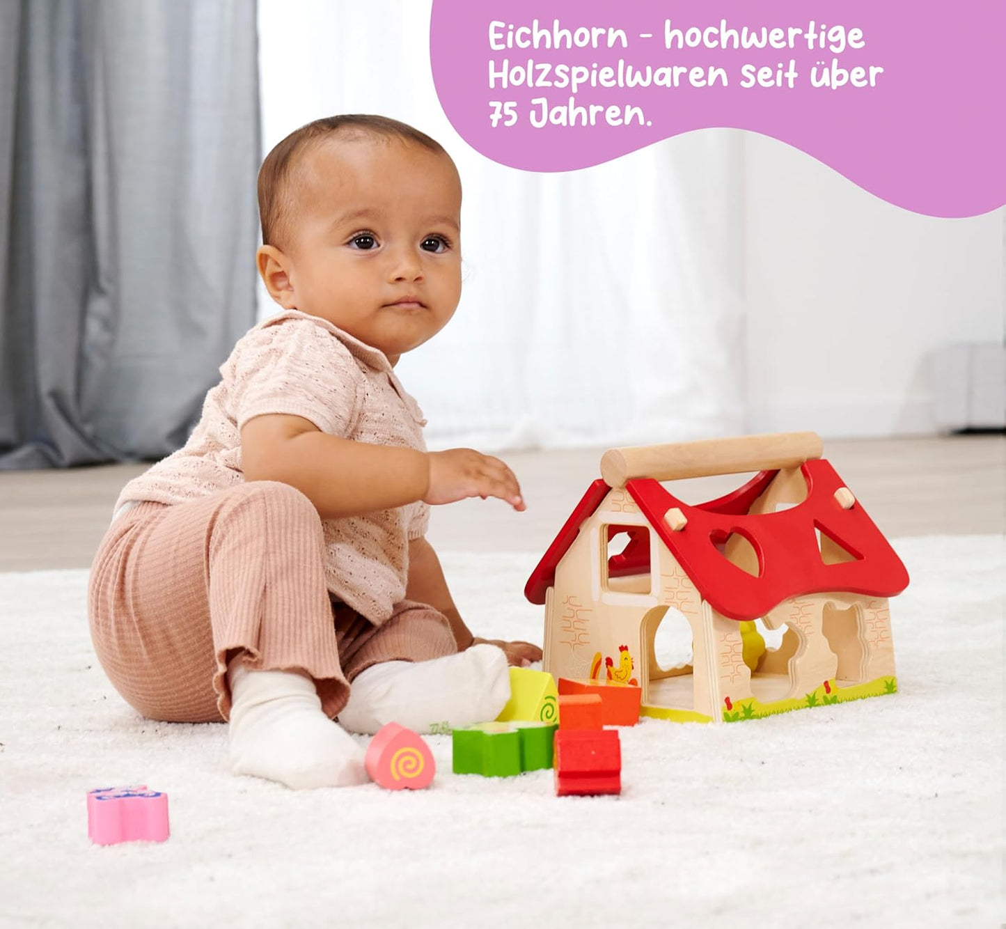 Eichhorn Wooden Pine House 15 Piece House with 12 Push-through Shape Blocks, Motor Skills Toy for Children 1 Year and Above Size: 18 x 17.5 x 18 cm.