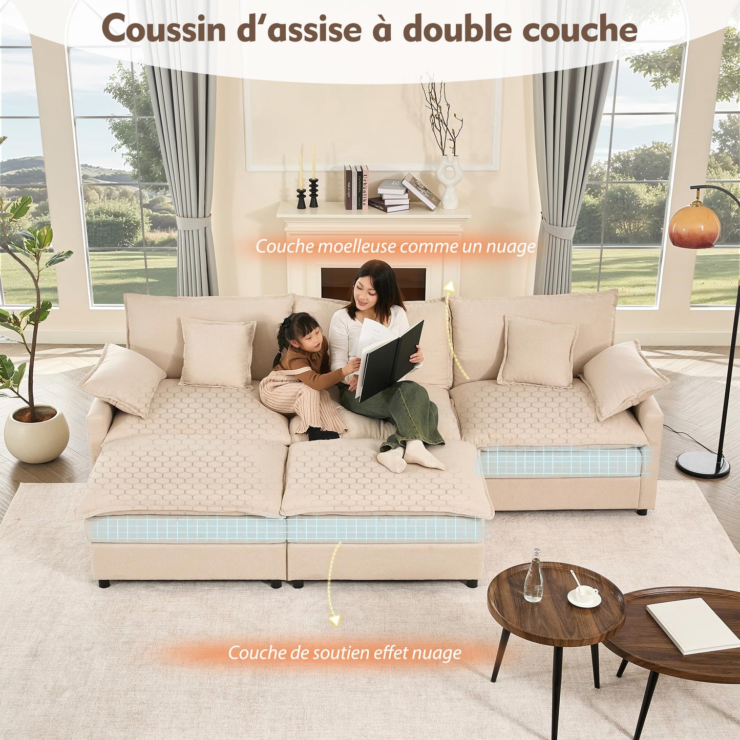 Litbird U-förmiges modulares Sofa 3-Sitzer Ecksofa mit Hocker, tiefes Sitzdesign, Cloud Couch für Wohnzimmer(Hellbraun)