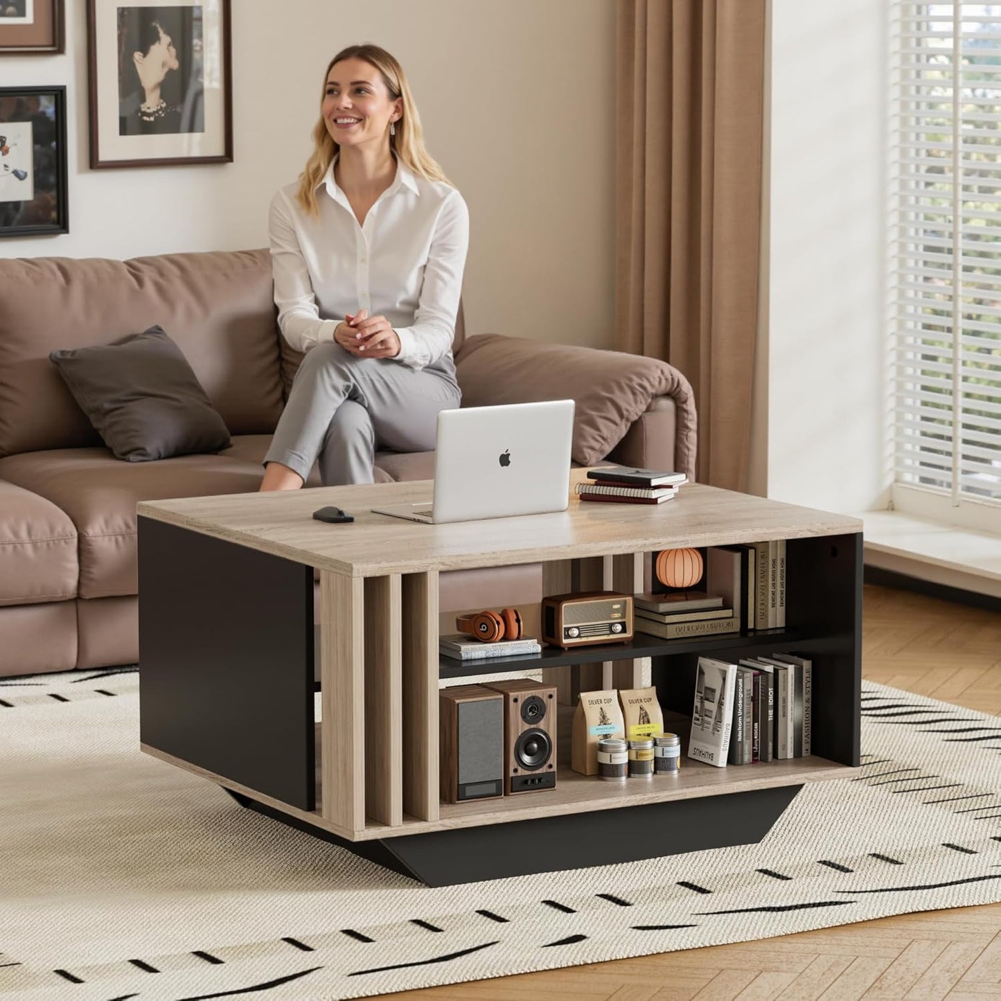MSFE LED Coffee Table, Modern Living Room Table with Storage Space, Modern Table Living Room with Slats, 80 x 60 x 45 cm, Sofa Table, Living Room Table for Living Room/Dining Room, Living Room