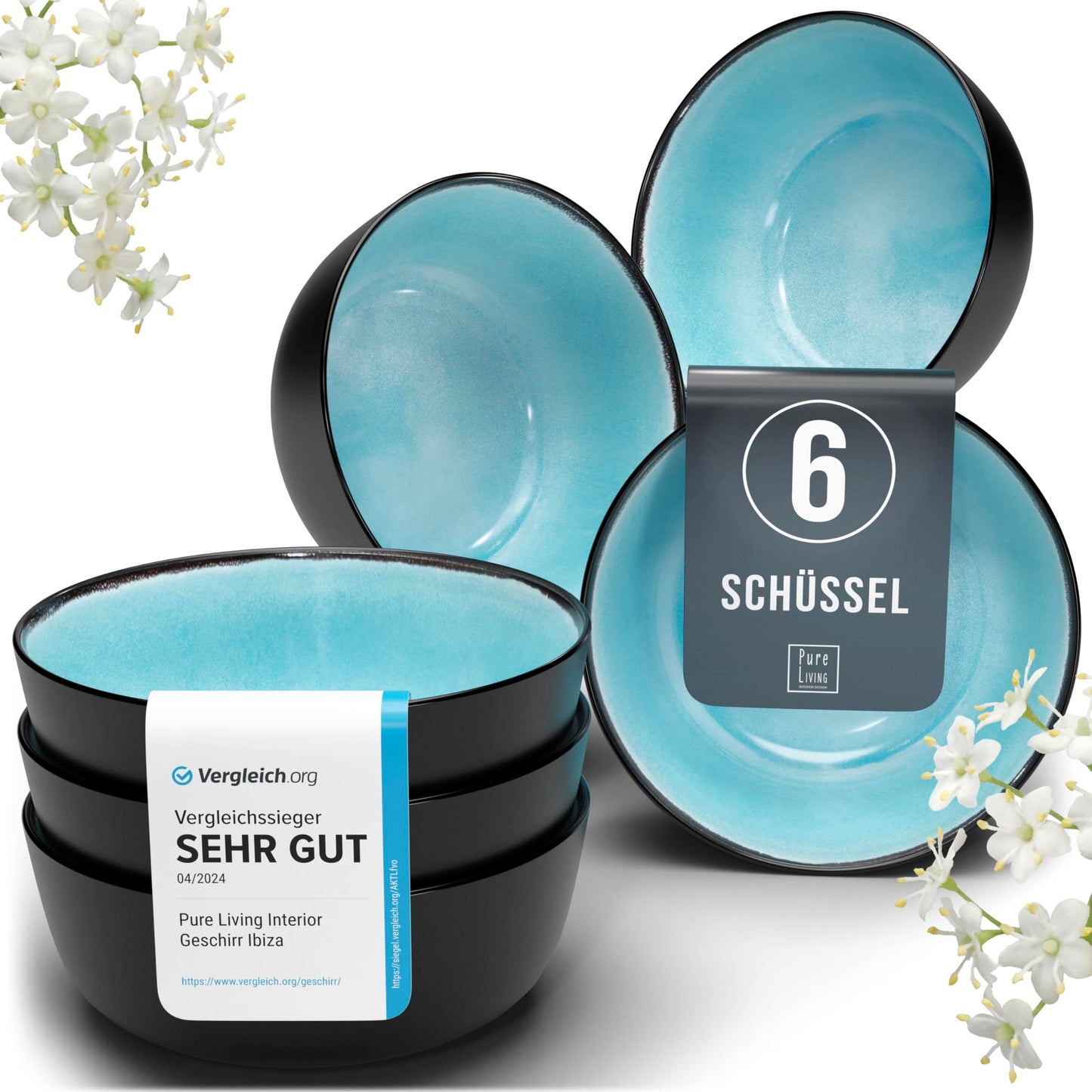 Ibiza Stoneware Crockery Set for 12 People, 48 Pieces, Test Winner, Dreamlike Mediterranean Stoneware Crockery Set, Bowl and Plate Set, Dinner Service for 12 People, Pure Living Crockery Sets in Deep