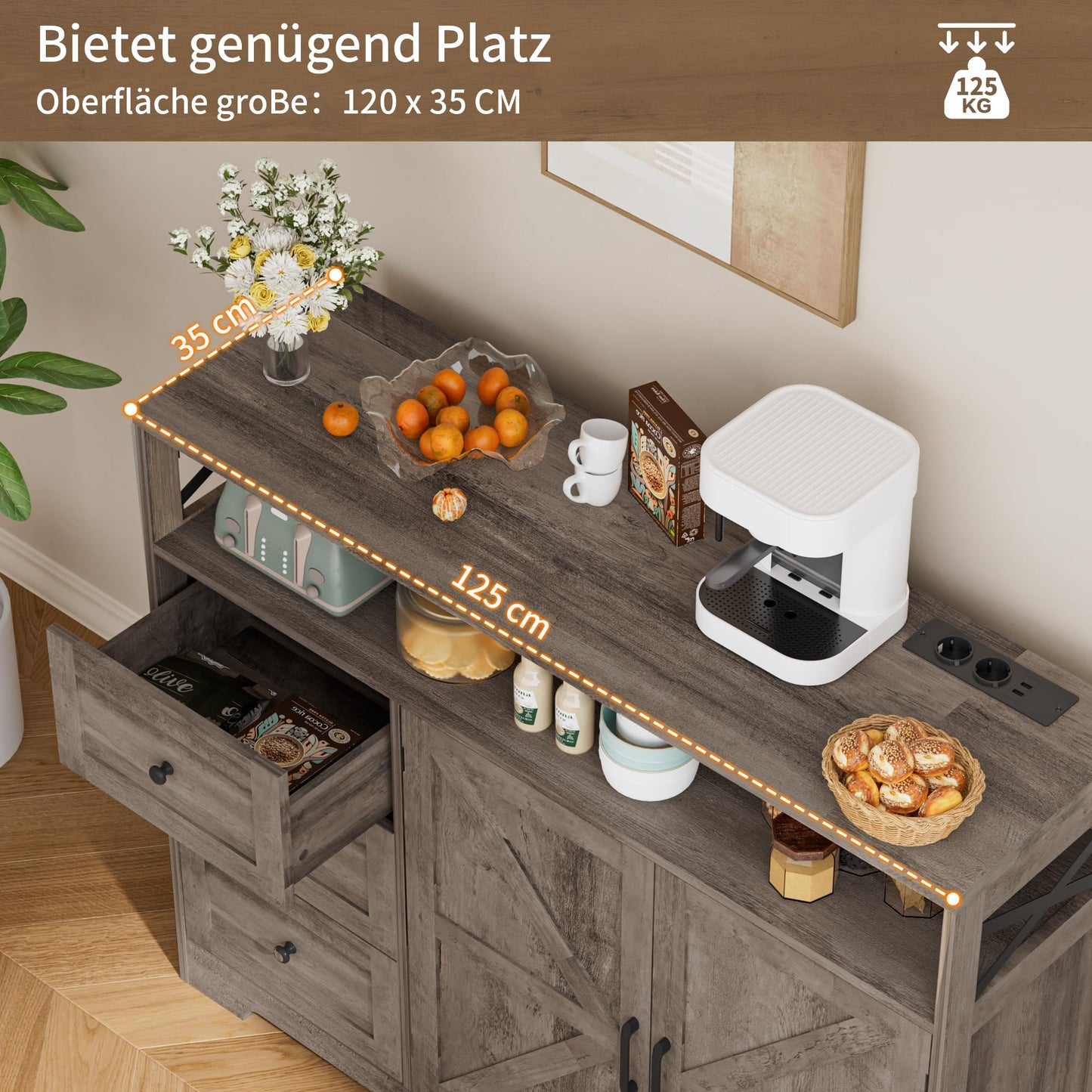 Kitchen Cabinet, Sideboard with Drawers and Open Shelf, Sideboard, Kitchen Cabinet, Coffee Bar Cabinet for Kitchen, Dining Room, Living Room, 120 x 35 x 95 cm, White