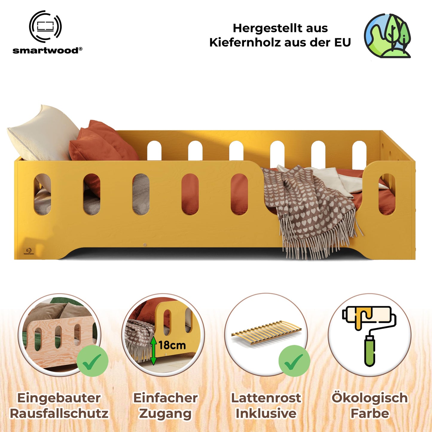 smartwood Montessori Wooden Floor Bed 90 x 200 cm Blue with FSC Certificate TILA 2P with Fall Protection and Slatted Frame Maximum Load 230 kg Easy Assembly