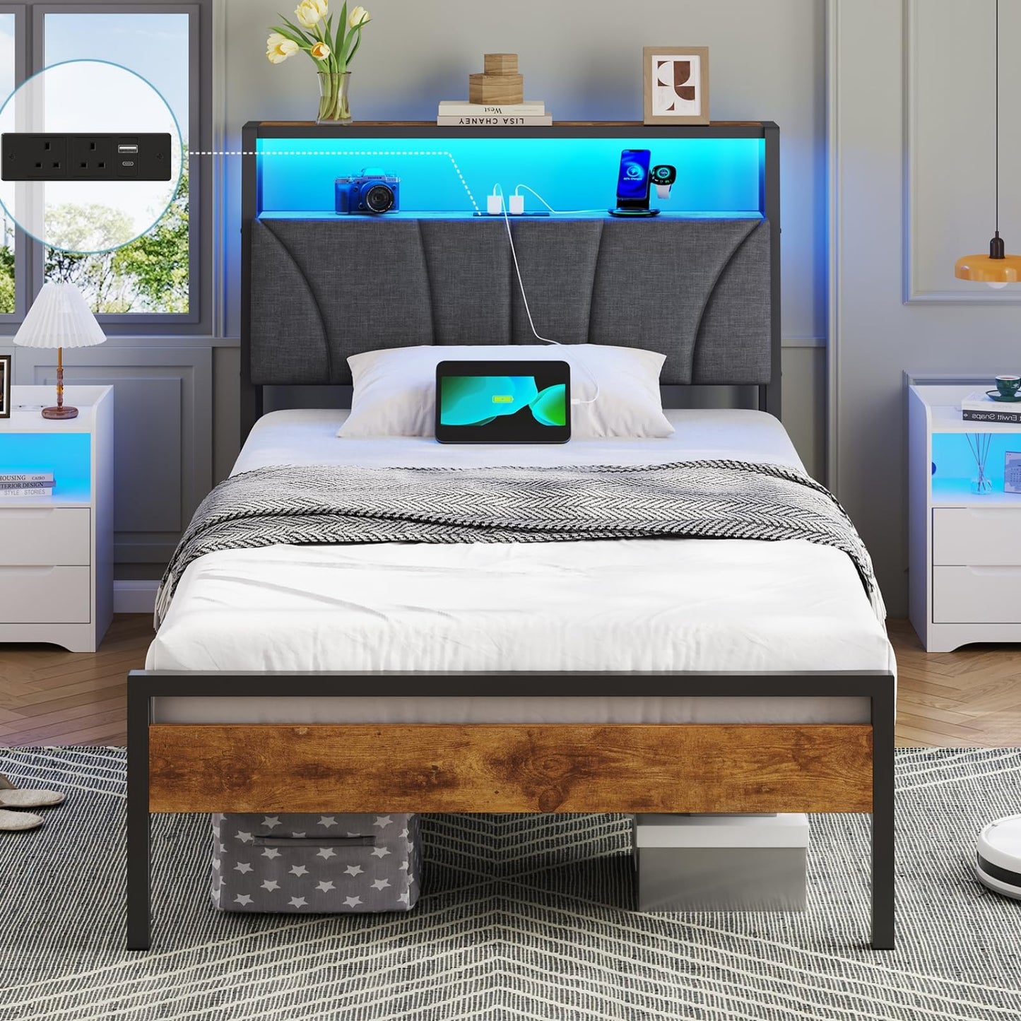 Brinlawb Bed 180 x 200 cm with Metal Slatted Frame, Double Bed 180 x 200 cm with LED Lighting, Bed Frame 180 x 200 cm Bed with Headboard and Charging Station (2 AC Sockets, 2 USB Ports), Modern, Grey
