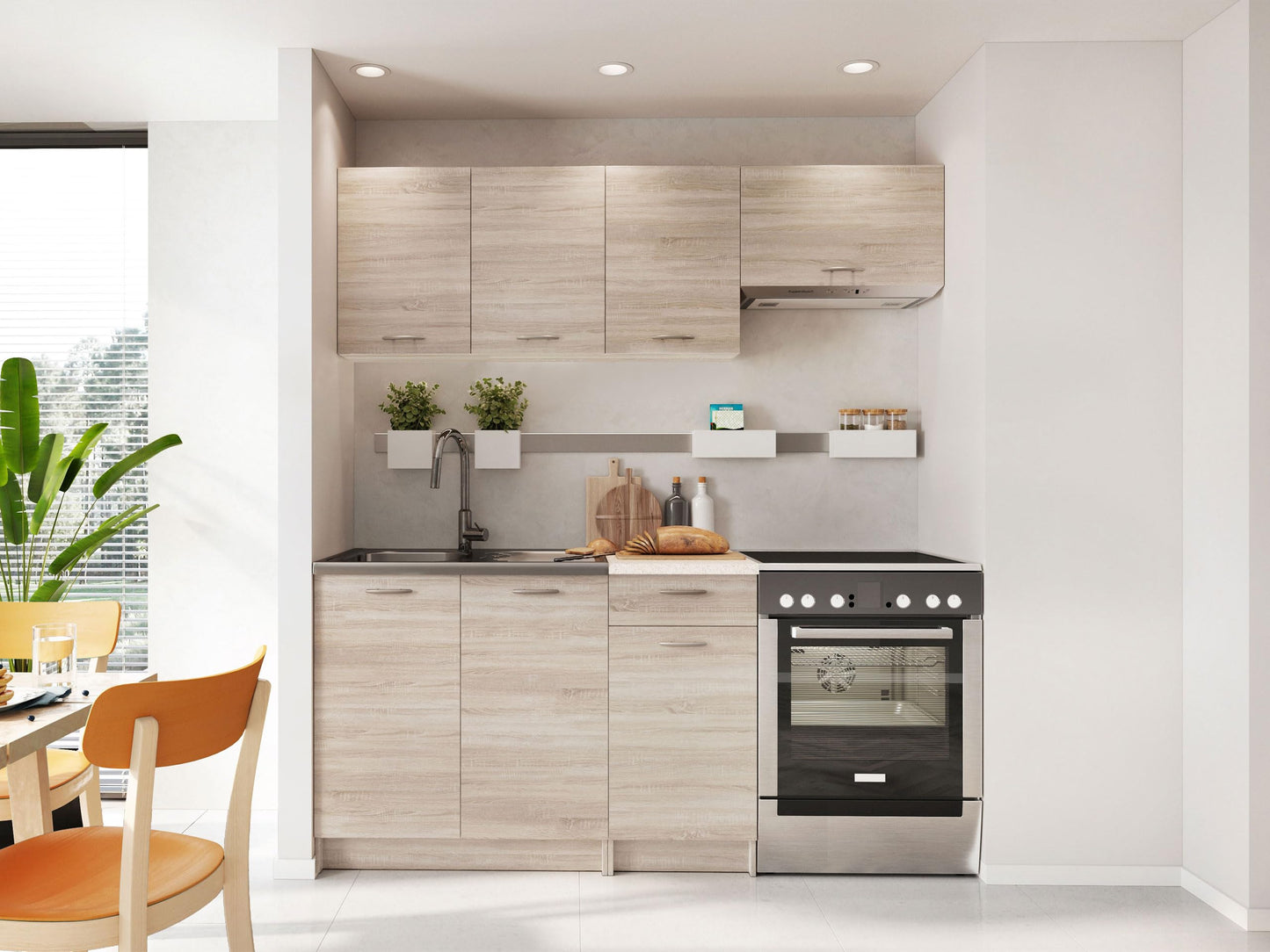 Mela Kitchen 180/120 cm, Kitchen Unit, 5 Cabinet Modules Freely Combinable (Artisan Oak/Black)