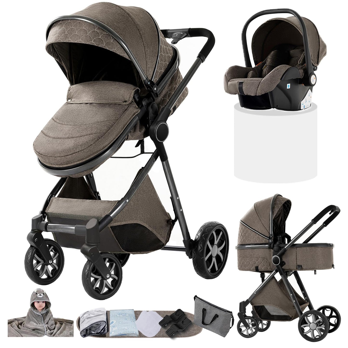 Doraystar 360° Rotation PU Leather Pushchair 3-in-1 Combination Pushchair 3-in-1 with Two Reversible Sliding Modes, Pushchair Complete Set with One-Click Folding Design, Aluminium Alloy Frame (906