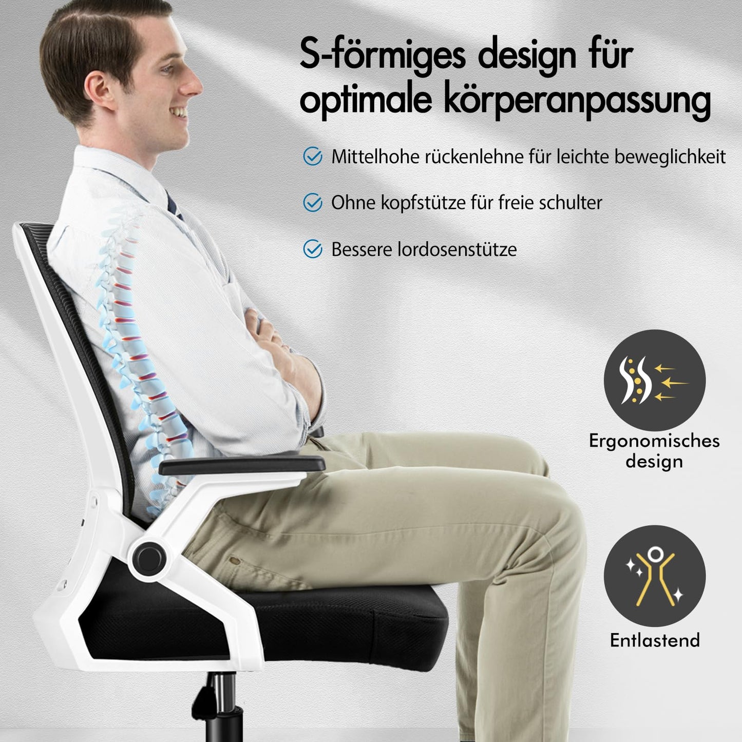ALFORDSON Ergonomic Office Desk Chair, Computer Chair with Dynamic Lumbar Support, Tilting Swivel Chair with Flip Up Armrest, Black