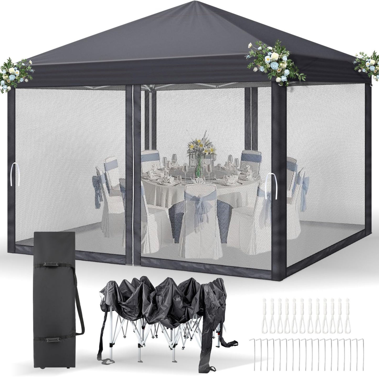 LEADZM Gazebo 3 x 3 m, Folding Gazebo, Waterproof, UV Protection 50+, Height Adjustable with 4 Mosquito Nets, Sturdy, Ideal for Garden, Patio, Camping and Commercial Use