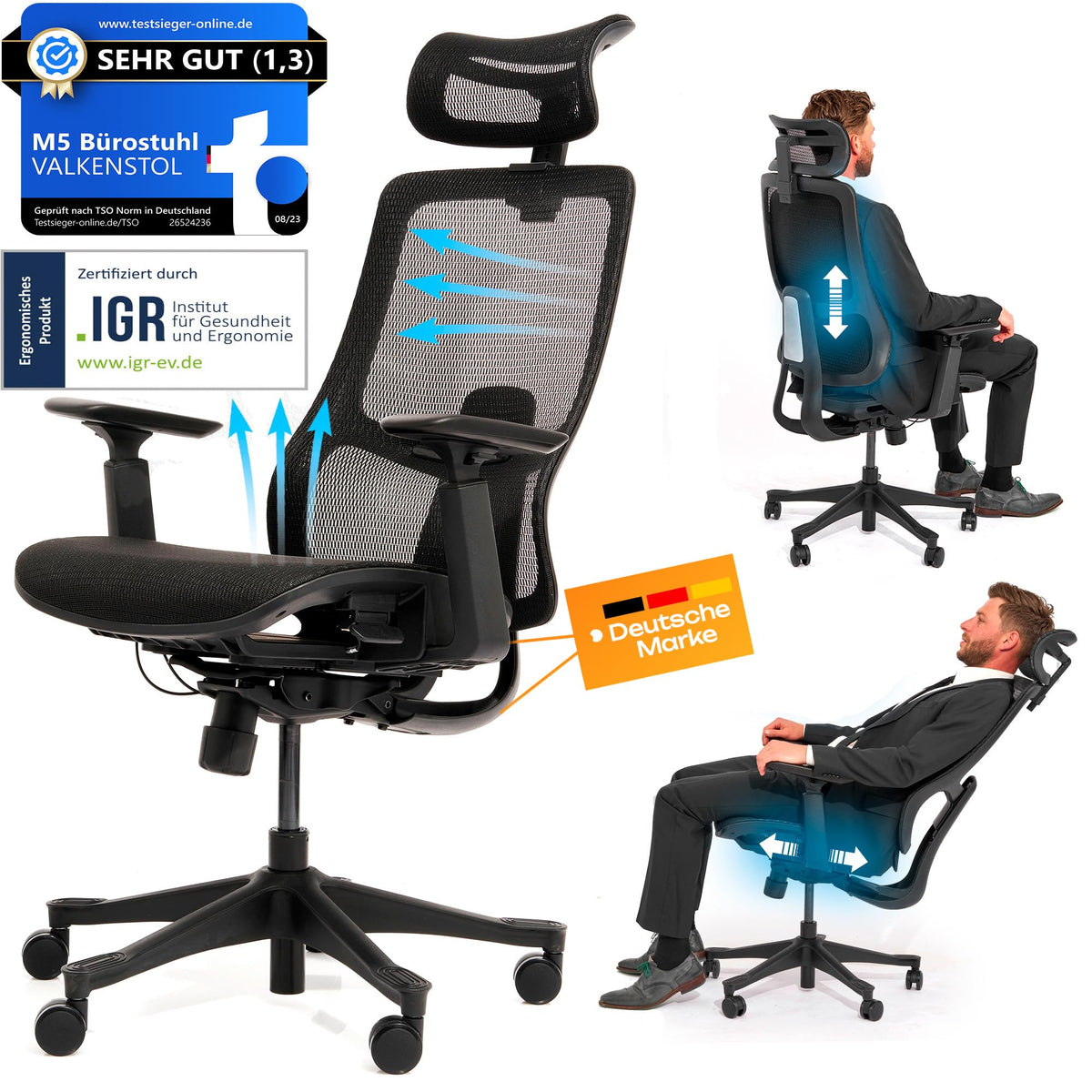 M2 Ergonomic Office Chair, Test Winner with Adjustable Armrest without Headrest for Maximum Freedom of Movement, Back-Friendly, Comfortable Desk Chair for Office and Home Office Chair