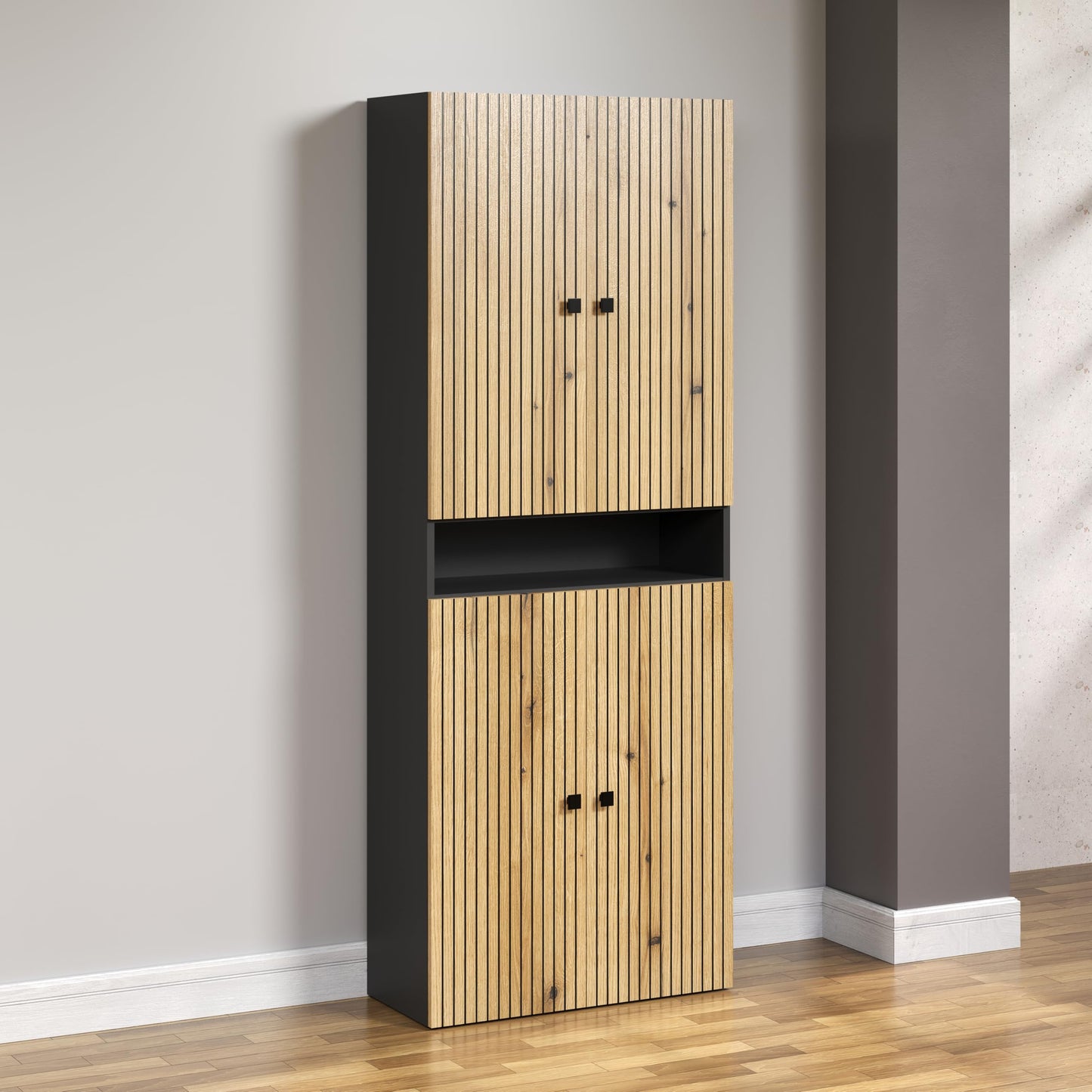 trendteam smart living - PureBliss - Hochschrank - Eiche - Badezimmerschrank in moderner Rillenoptik - edle Metallgriffe - (BxHxT) 40 x 186 x 31 cm - 2 praktische Einlegeböden - kratzfest