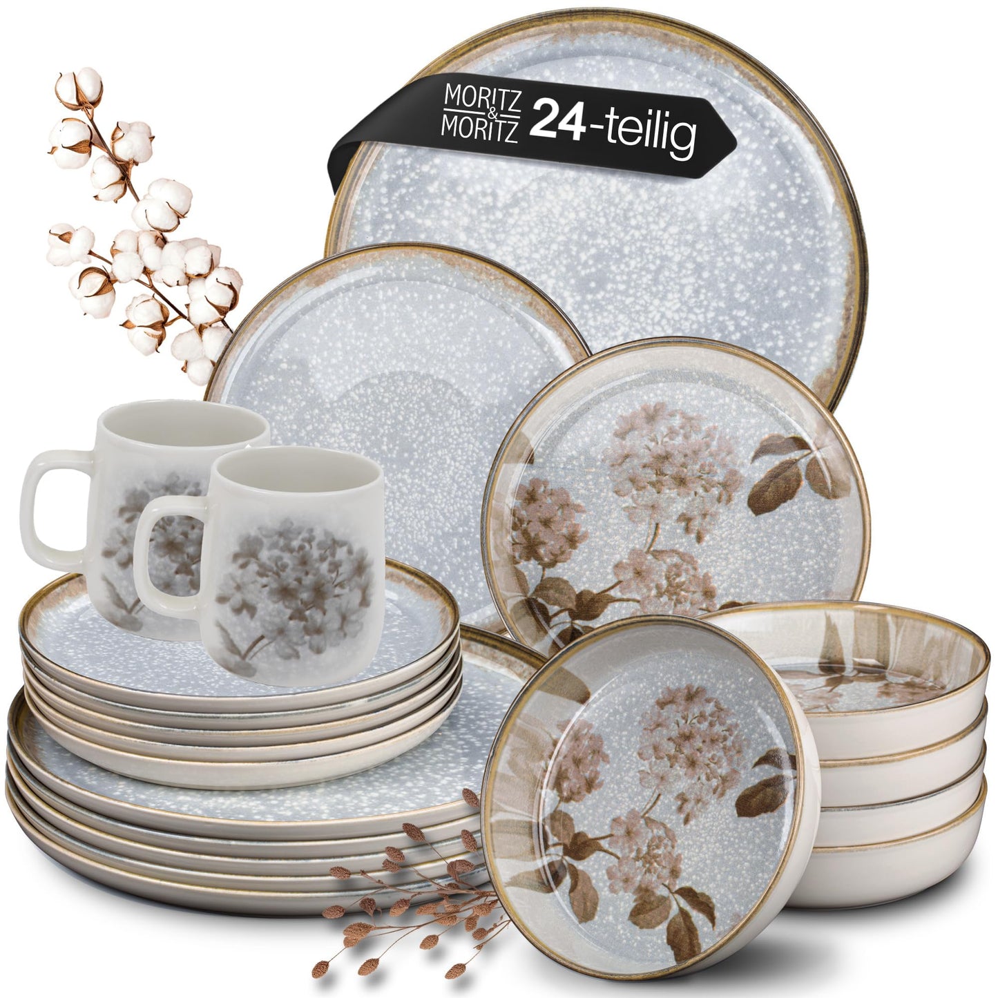 Moritz & Moritz BLOSSOM 18-Piece Crockery Set for 6 People, Elegant Plate Set Made of High-Quality Porcelain with Floral Design, Crockery Set of 6 x Dinner Plates, 6 x Dessert Plates, 6 x Soup Plates