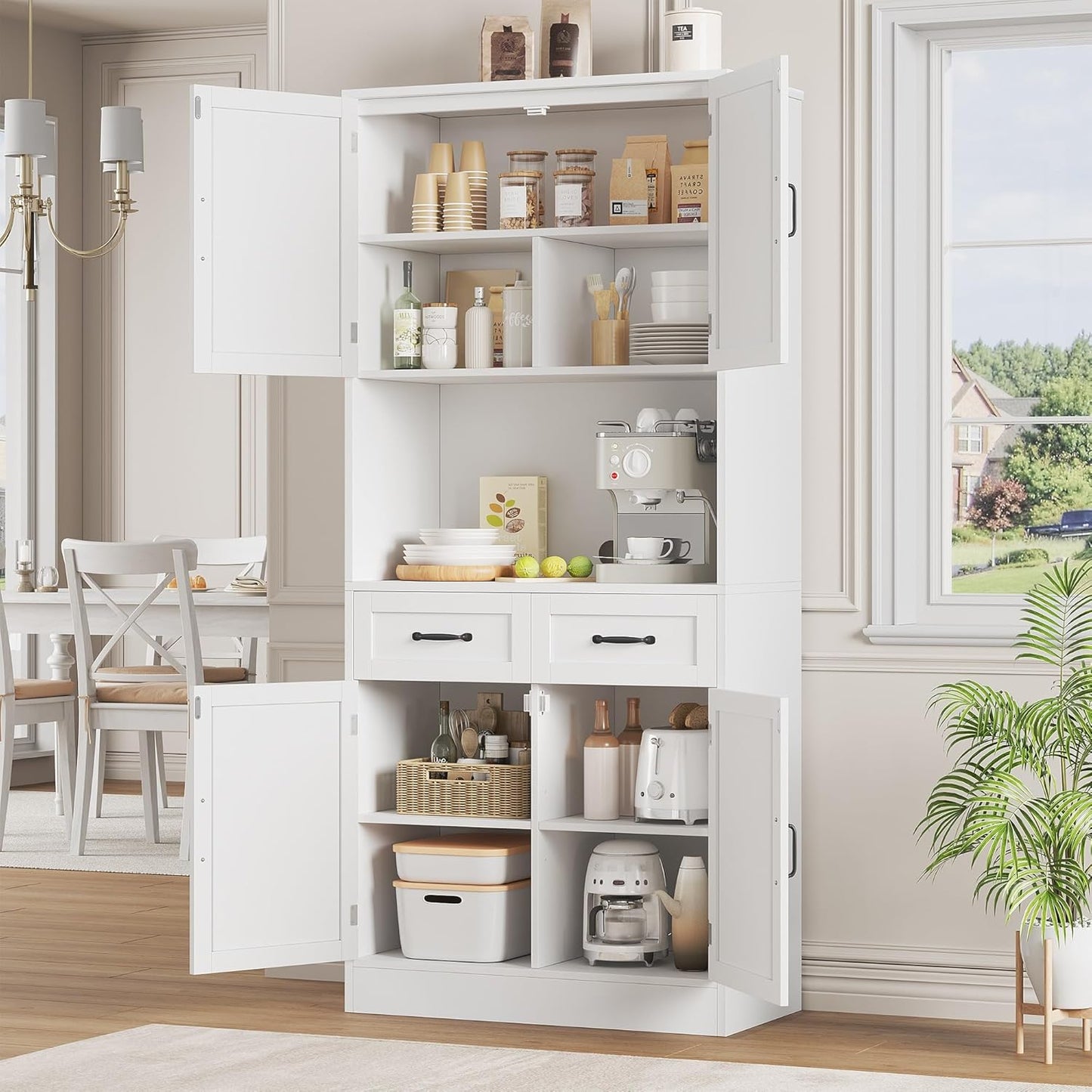 HOCSOK Kitchen Cabinet, 180 cm Buffet Cabinet with Worktop, Storage Cabinet Kitchen with 4 Doors and 2 Drawers, Tall Cabinet Multi-Purpose Cabinet with Adjustable Shelf, White