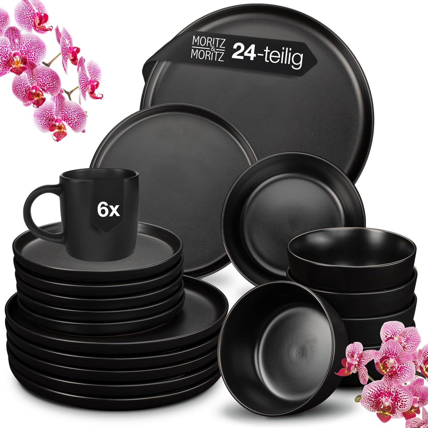 Moritz & Moritz Nordic Crockery Set for 6 People, 18-Piece Stoneware Crockery Set in Black, Scandinavian Design, Robust Plate Set for 6 People for Everyday Use and Guests, Crockery Sets