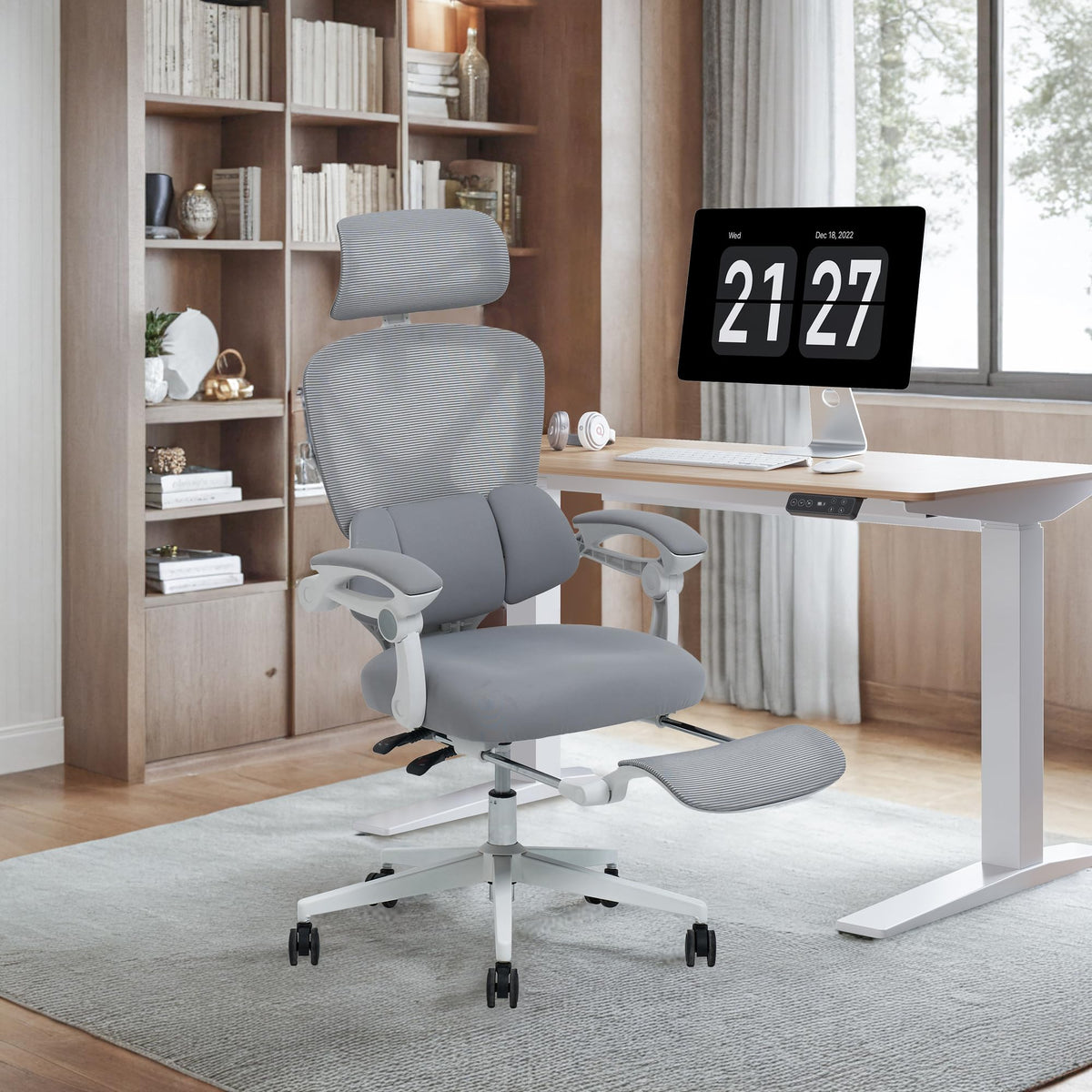 FLEXISPOT Ergonomic Office Chair, X-shaped Desk Chair with 135° Tilt, Coupled Armrests with Zoned Adjustable Lumbar Support, Swivel Chair with Footrest, 3D Headrest, White/Grey