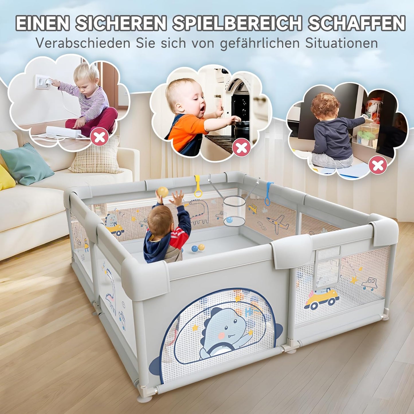 Baby Playpen, 200 x 180 cm, Baby Playpen with Non-Slip Base, Stable and Safe Indoor Baby Playground, Includes 60 Sea Balls, 4 Handles, Playpen, Storage Bag, (Dinosaur Pattern)
