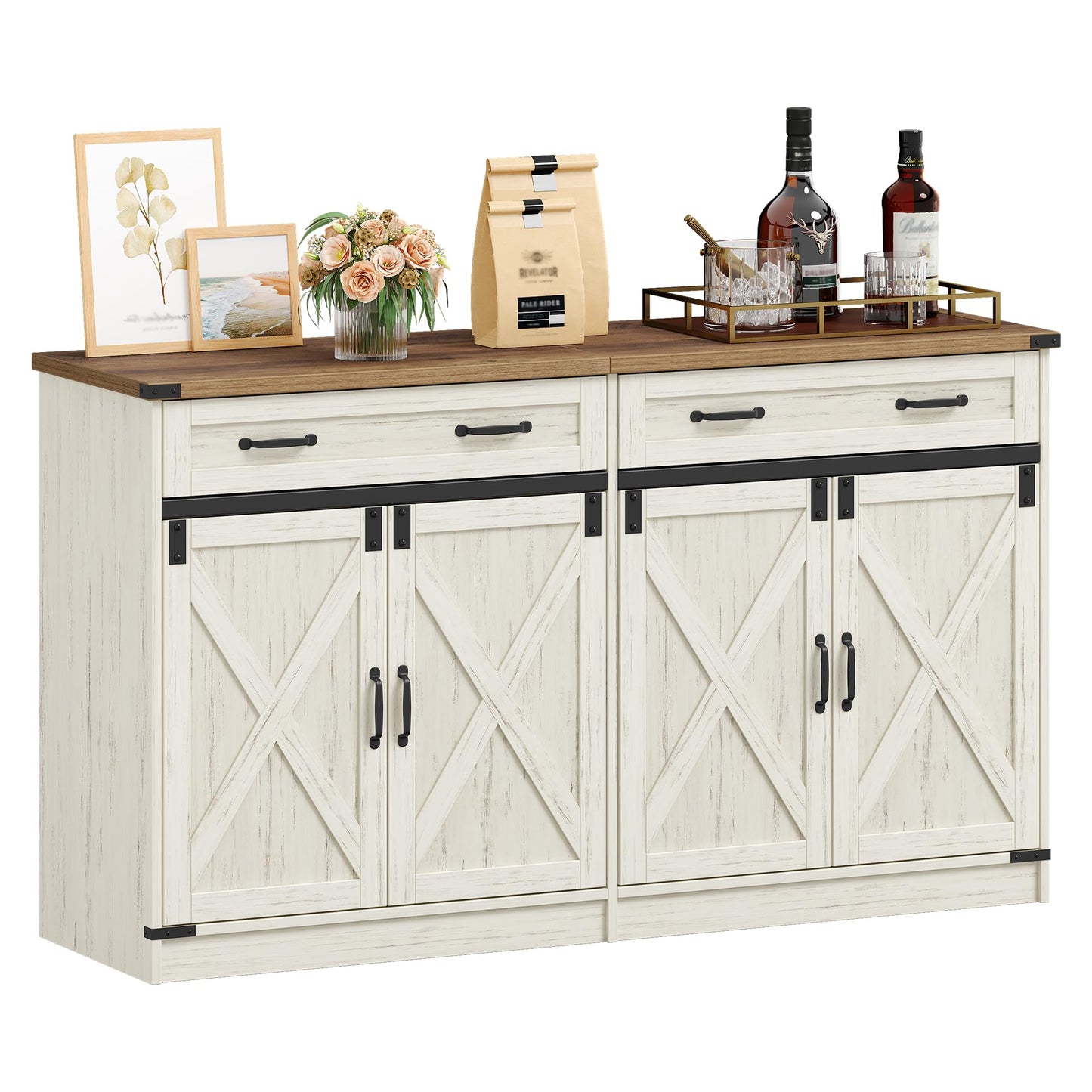 Hzuaneri SC94814X Kitchen Cabinet, Sideboard with 1 Drawer, Storage Cabinet with 2 Doors, Adjustable Shelves, Country House Style, Kitchen, Living Room, 40 x 140 x 80 cm, Vintage Brown/White