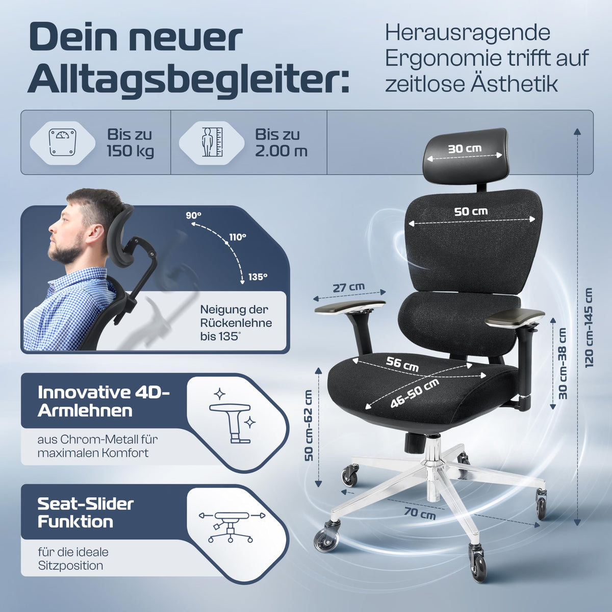 CLOUVOU BrightSeat Ergonomic Office Chair [Test Winner] Desk Chair 100% Individually Adjustable Office Chair & Gaming Chair Computer Chair Home Office Chair Ergonomic Swivel Chair 150 kg