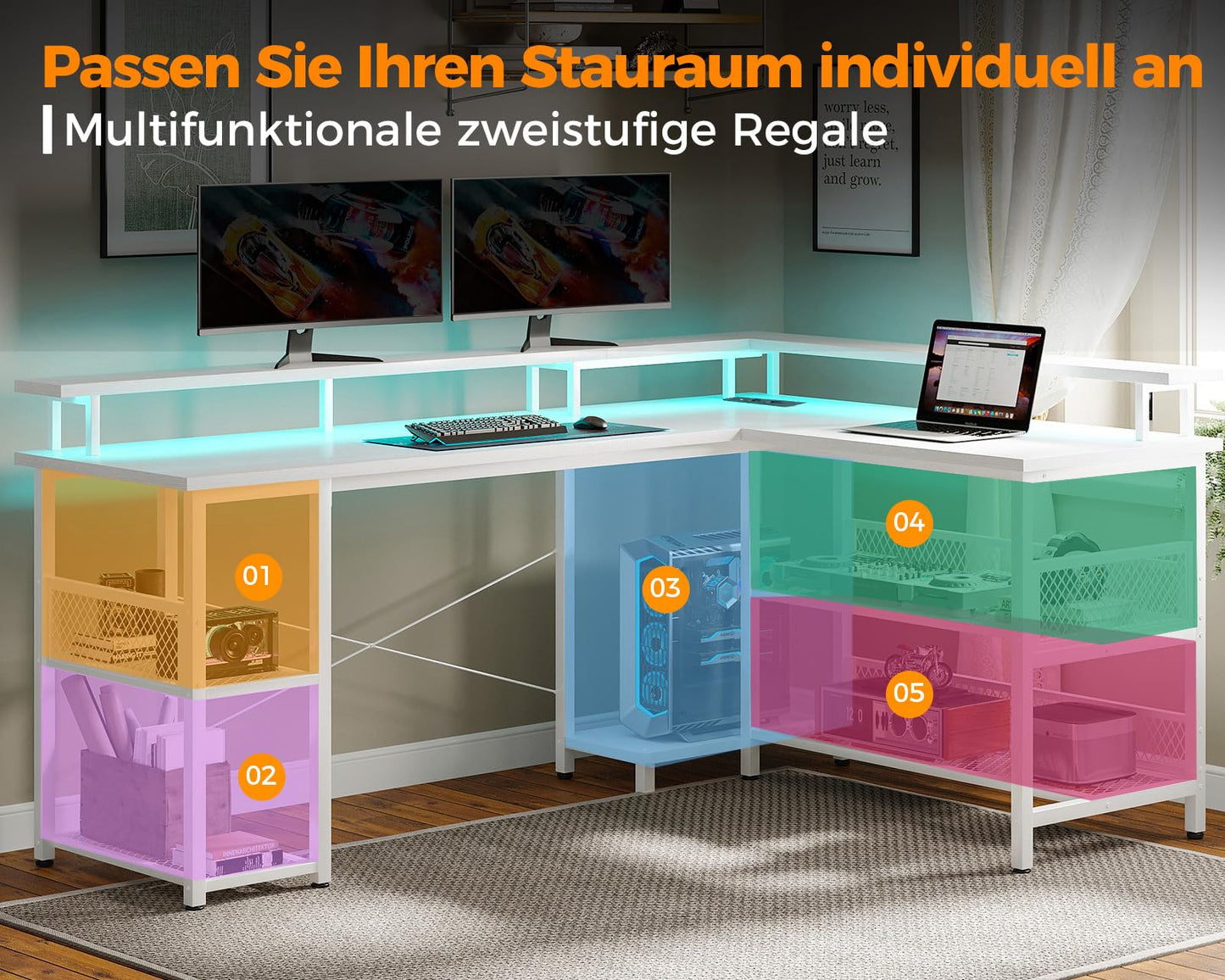 ODK Gaming Table with LED, Reversible Gaming Desk with 2 Sockets and 2 USB Charging Ports, Large Corner Desk with Mesh Shelf, Carbon Fibre Black, 168 x 120 cm