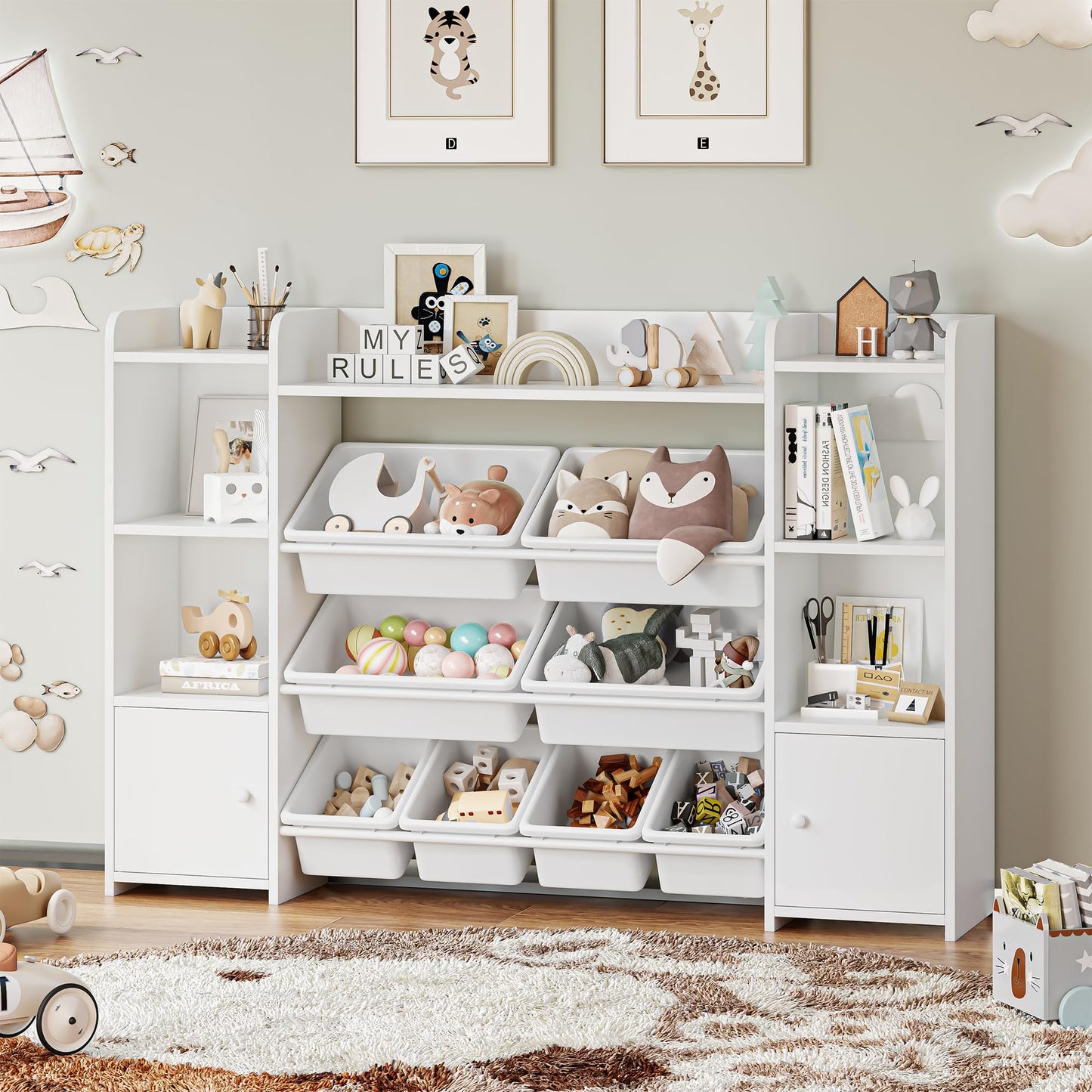 FOREHILL Kinderregal mit 8 Boxen Kinderschrank Holz Bücherregal für Kinder Aufbewahrungsbox Kinderzimmer Möbel mit Spielzeugkiste 138,8 x 94,3 x29,6 cm (rosa)