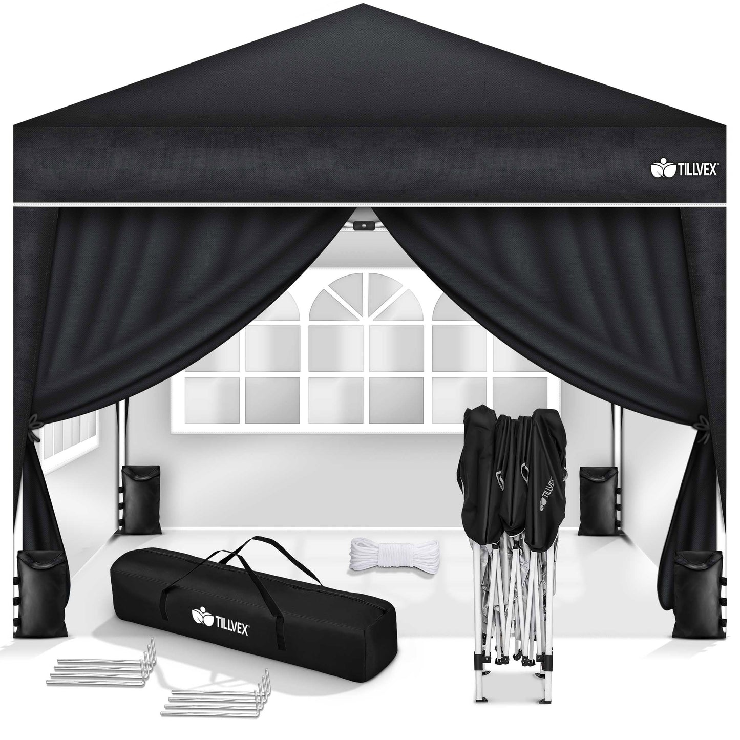 tillvex Gazebo 3 x 3 m Waterproof with 4 Side Panels + Set of 4 Sandbags Pop-Up Folding Gazebo Stable & Height Adjustable Garden Tent UV Protection 50+ Party Tent with Bag for Garden, Grey