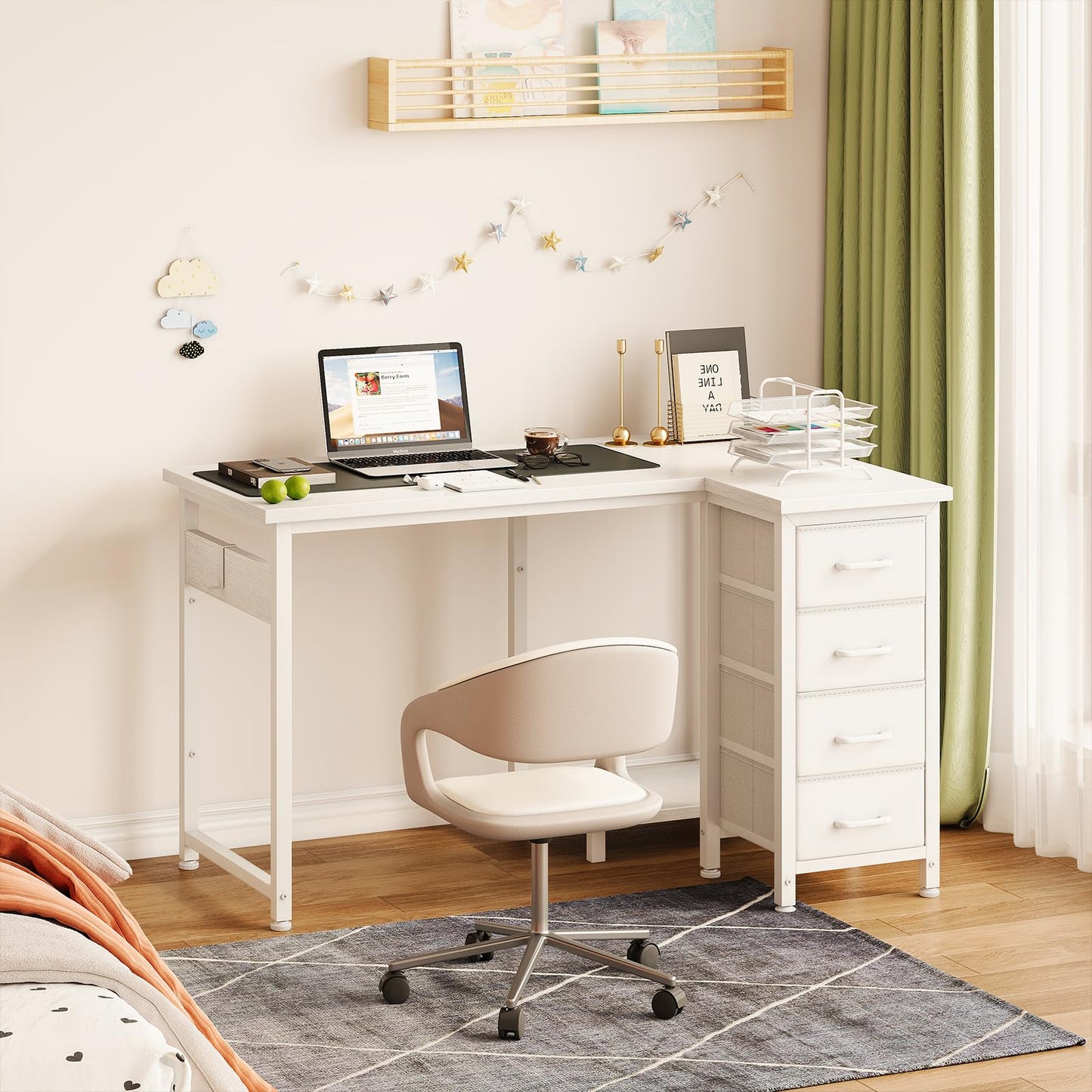Coleshome Corner Desk, 100 x 70 cm, L Shape Desk with 4 Drawers, Reversible Computer Desk for Office, Study, Bedroom, White