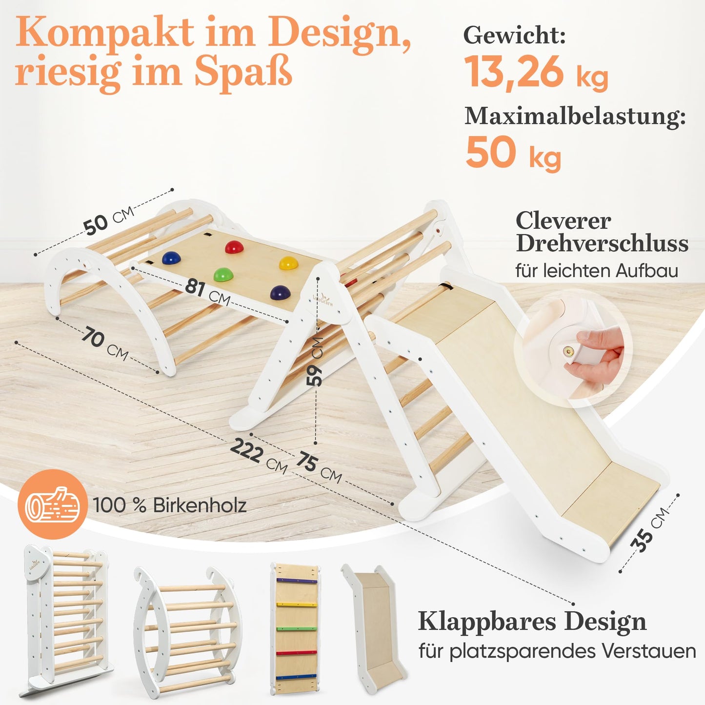 Lululearn® Climbing Triangle, Climbing Arch & Ramp [Foldable] Ideal for Indoor & Garden - Climbing Frame from 1 Year, Montessori Toy for Active Learning - Discover Now! (White)