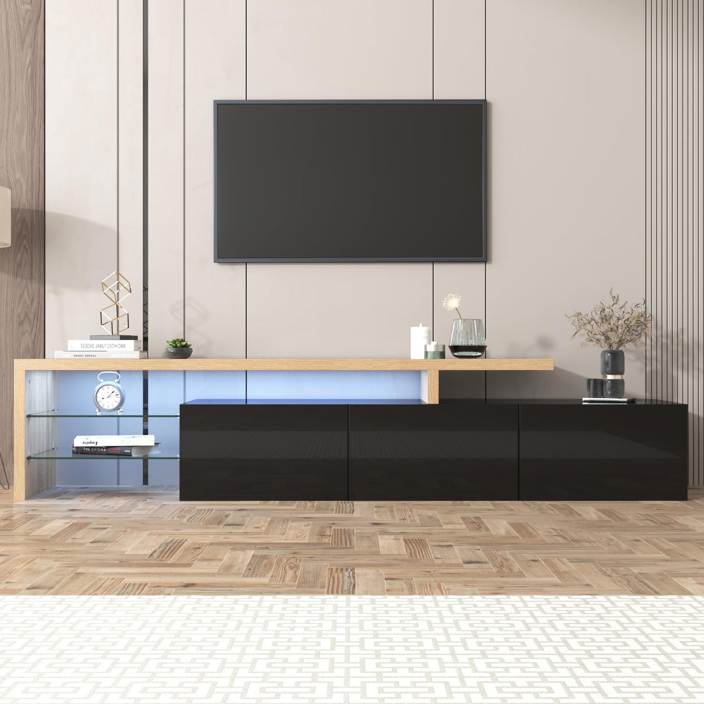 TV Cabinet, TV Stand with 2 Lockers, 200 cm Long, Adjustable Shelves, High Gloss LED TV Lowboard for Living Room Furniture and Dining Room, Bedroom