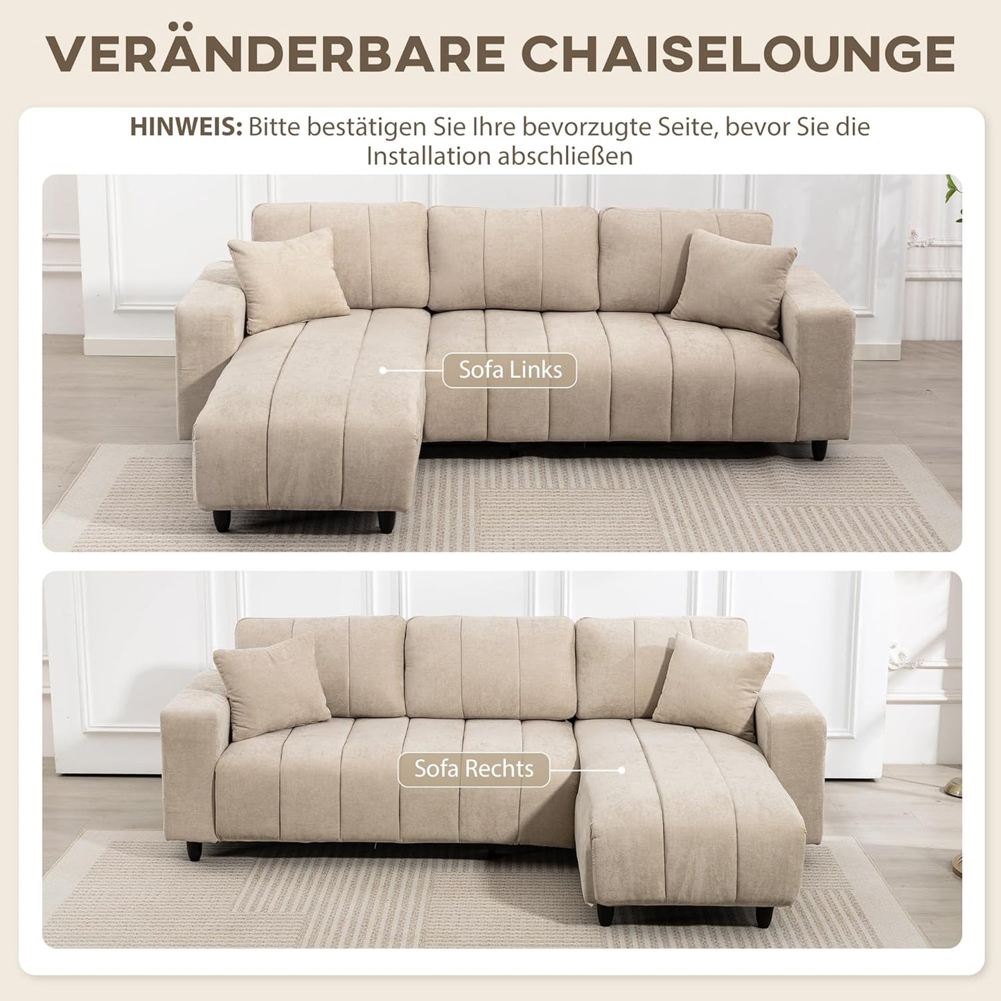 HOMCOM Corner Sofa, 3 Seater Couch with Reversible Chaise Longue, Cushion, L Shape Sofa, Padded Corner Couch with Linen Look for Living Room, Bedroom, 242 x 156 x 87 cm, Beige