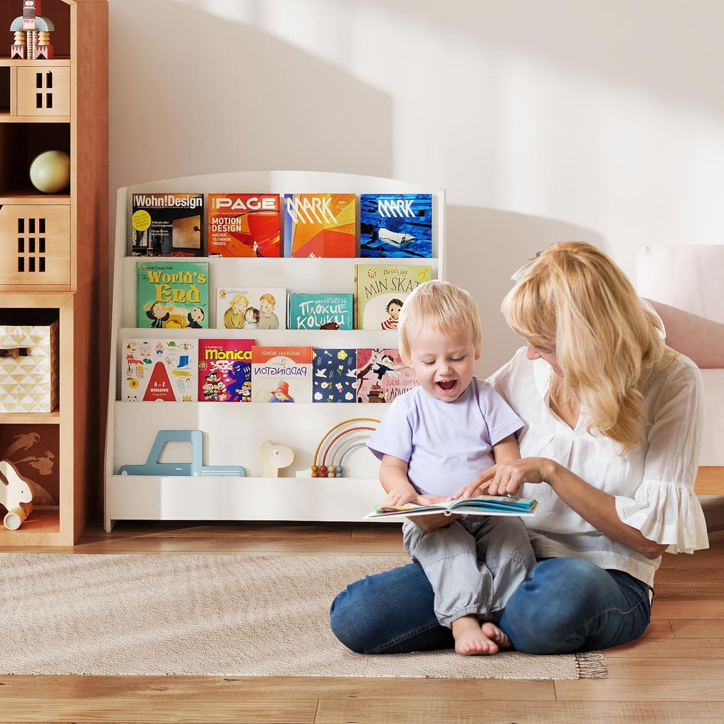 SOCOMFAY 4-Tier Children's Bookcase, Wooden Shelf, Children's Bookshelf for Children's Room, Nursery, White