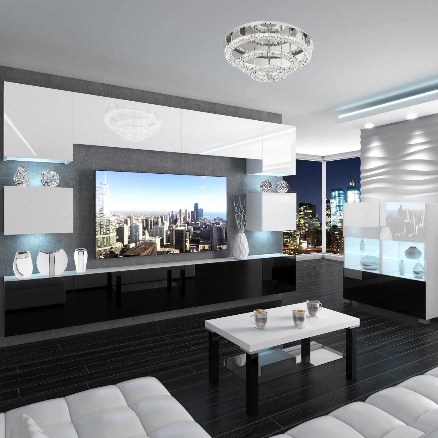 BELINI Living Room Wall Unit Full Equipment Living Room Set Modern Cabinet Wall with LED Lighting TV Cabinet White