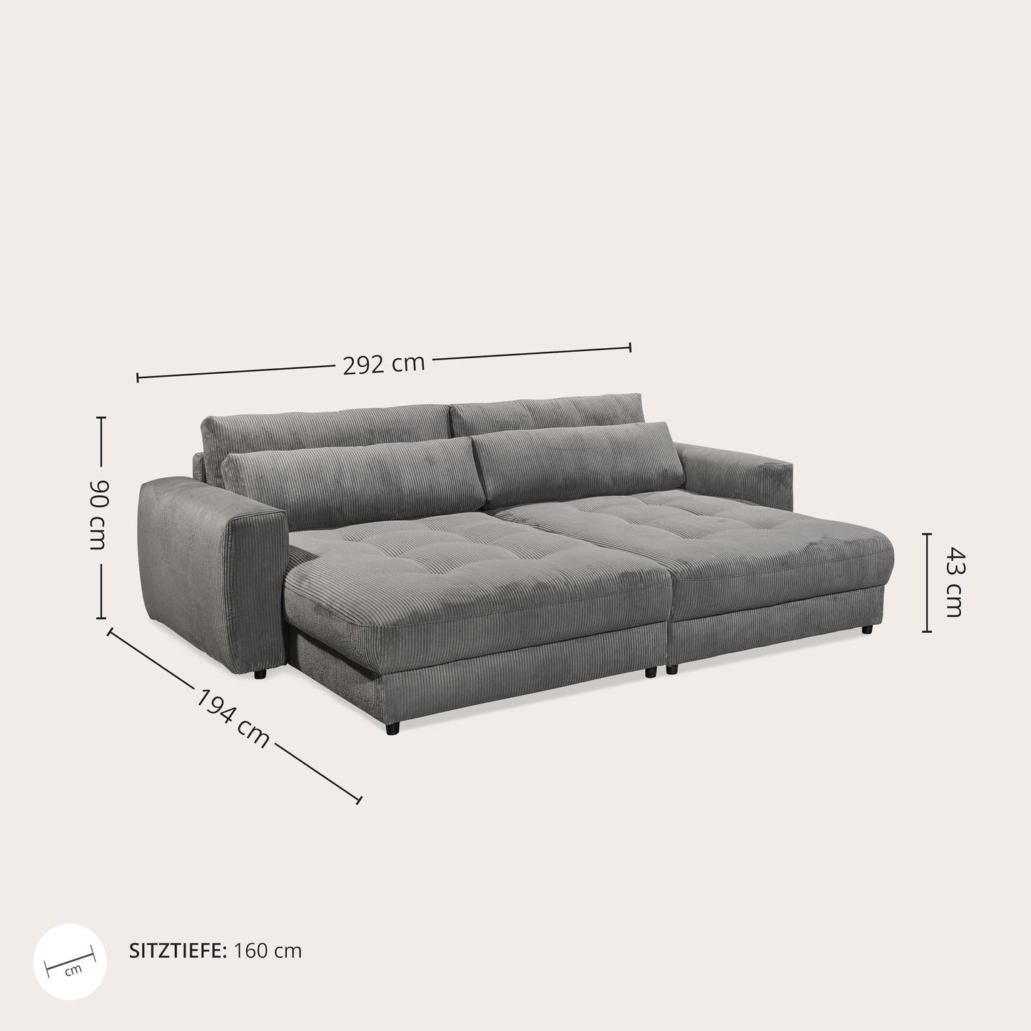 Barura Big Sofa in Corduroy Look, Ash - Comfortable Living Room Couch with Large Lying Surface - 292 x 90 (74) х 194 cm (W x H x D)