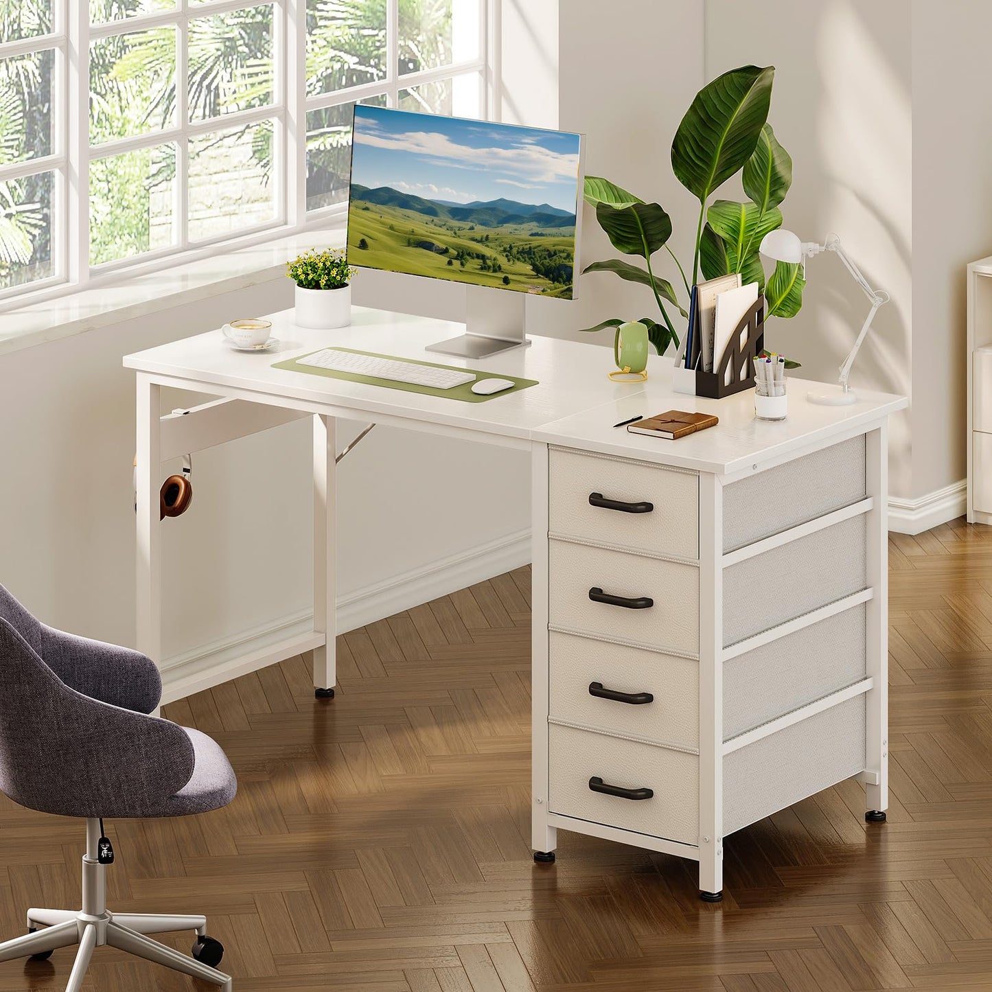 ODK Desk with 4 Drawers, 120 x 48 x 75.7 cm, Computer Desk with Headphone Holder, PC Table, Reversible Office Table, Wood for Home Office, White