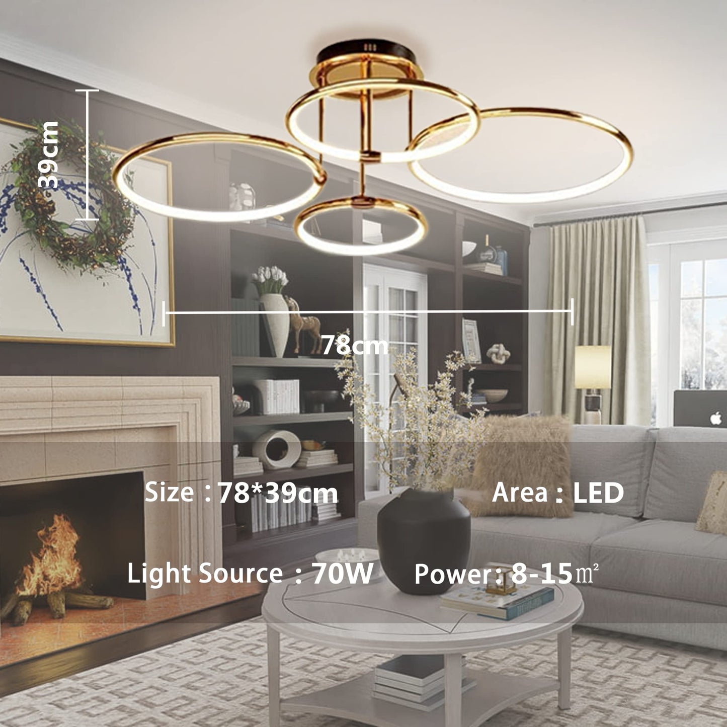 LED Deckenleuchte Modern Design Deckenlampen Gold 5-Ring Lampen Dimmbar Wohnzimmerlampe mit Fernbedienung, Aluminium Led Beleuchtung für Wohnzimmer Schlafzimmer Küche Esszimmer Büro 93cm, 108W…