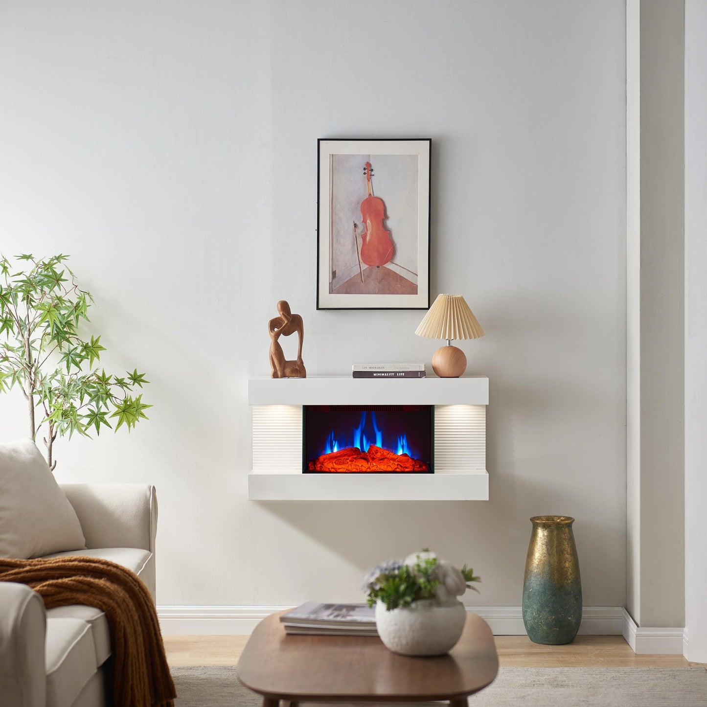 BALDERIA Ida Electric Fireplace, Electric Wall Fireplace with 3D Flame Effect, Electric Heater 1800 W, Fireplace with Remote Control, Start Control, Timer and Thermostat, White