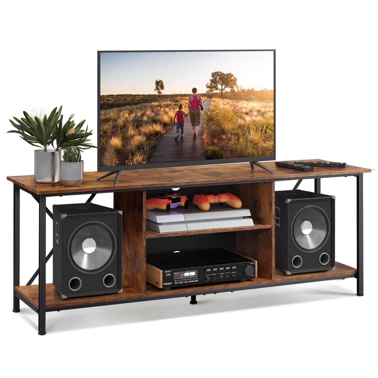 WLIVE TV Schrank, TV Lowboard für Fernseher bis zu 65 Zoll, TV Board Fernsehschrank mit Offenen Stauraum, 140 x 40 x 49 cm, Fernsehtisch für Wohnzimmer und Schlafzimmer, Vintagebraun-Schwarz