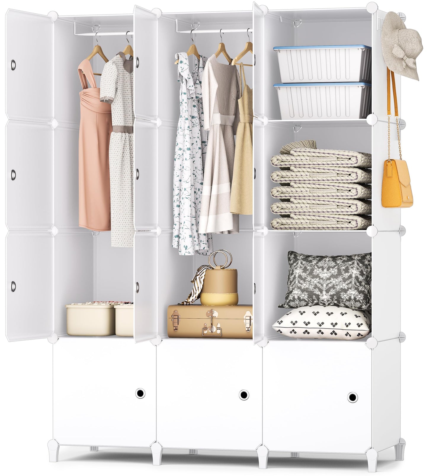HOMIDEC Wardrobe, Portable Shelf System, 20 Cube Plastic Cabinet with 2 Clothes Rails, Bedroom Wardrobe, White for Bedroom, 180 x 142 x 45 cm