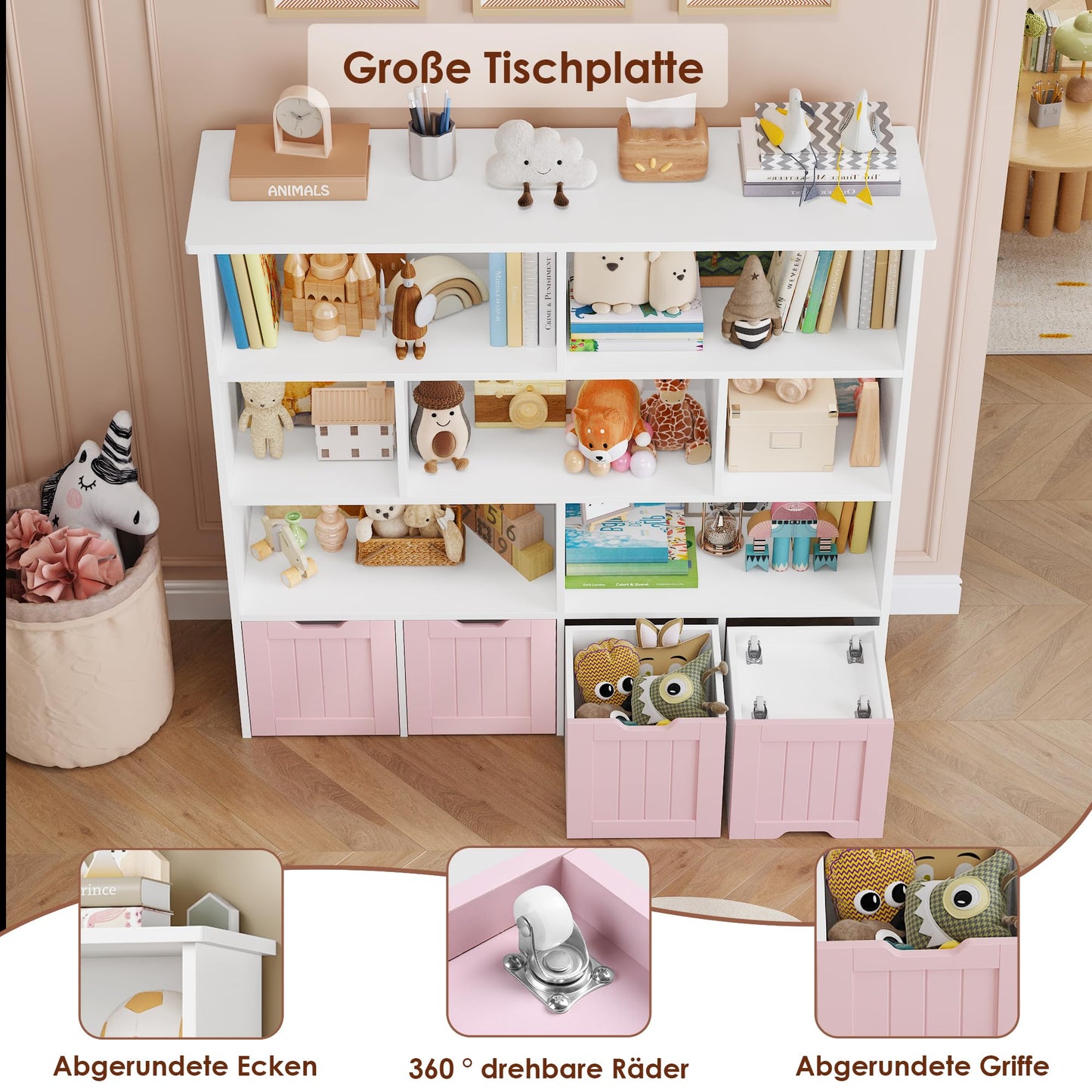 FOREHILL Children's Shelf with Boxes on Wheels, Children's Bookcase with 4 Levels, Children's Room Furniture, Toy Regulator, Storage Shelf, Bookcase for Children, Children's Cabinet, Shelf, White,