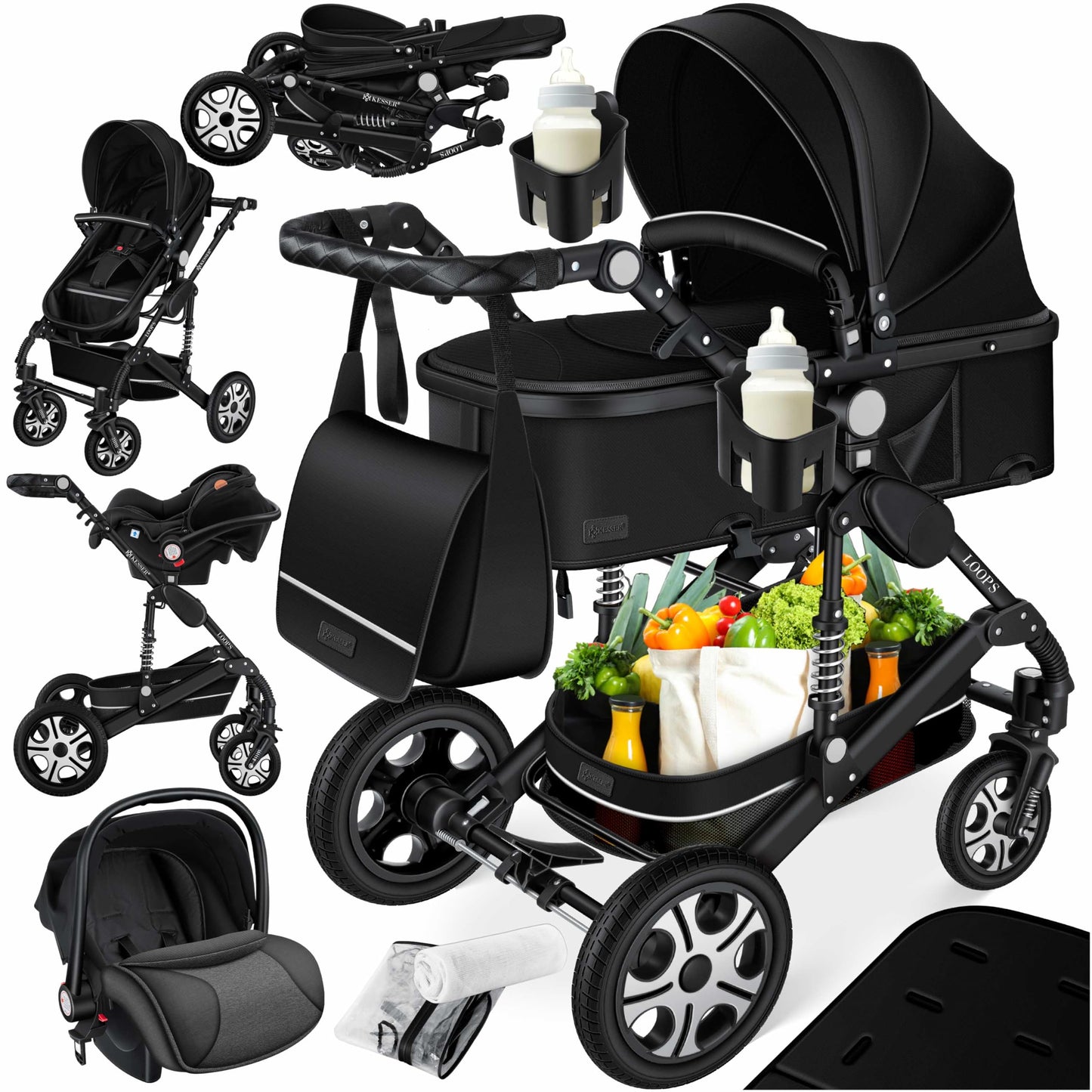 Kesser® Loops 3-in-1 Combination Pram, Complete Set Including Baby Tub & Buggy Sports Seat & Baby Car Seat, Full Rubber Tyres, Changing Bag / Rain Cover / Children's Table Set