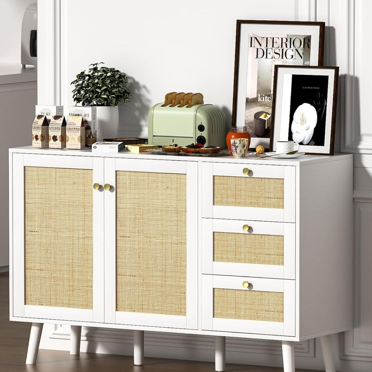Sideboard 120 cm Rattan Kitchen Cabinet with Adjustable Shelf, Buffet Cabinet with 3 Drawers and 3 Doors, Storage Cabinet for Living Room, Kitchen, Dining Room, Hallway, White, 120 x 40 x 82