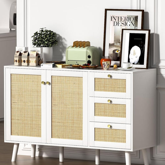 Sideboard 120 cm Rattan Kitchen Cabinet with Adjustable Shelf, Buffet Cabinet with 3 Drawers and 3 Doors, Storage Cabinet for Living Room, Kitchen, Dining Room, Hallway, White, 120 x 40 x 82