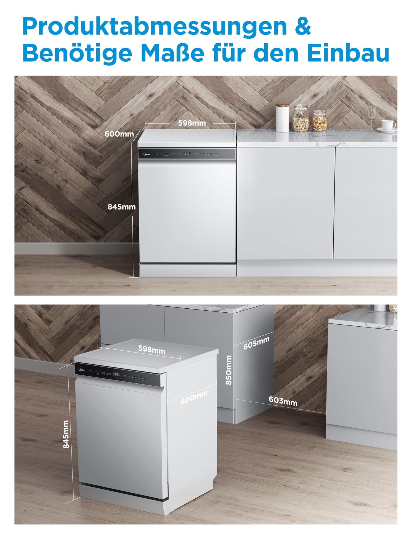 Midea SF 5.60NW14C Dishwasher 60 cm Freestanding & Undermountable, 14 MGD, Hygiene Care +, Zone Wash, 7 Programmes, Dishwasher 60 cm with WiFi, Start Delay, Automatic Door Opening, 44 dB