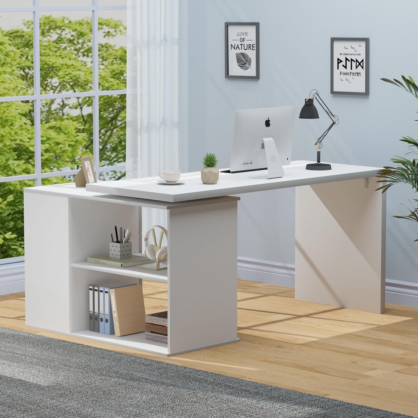 Mudmasa Schreibtisch Weiß Umkehrbarer Eckschreibtisch Computertisch Schreibtisch L Form mit Stauraum Bürotisch Eckschreibtisch mit 3 Schubladen und 2 Regalen für Büro Homeoffice 140x50x76 cm