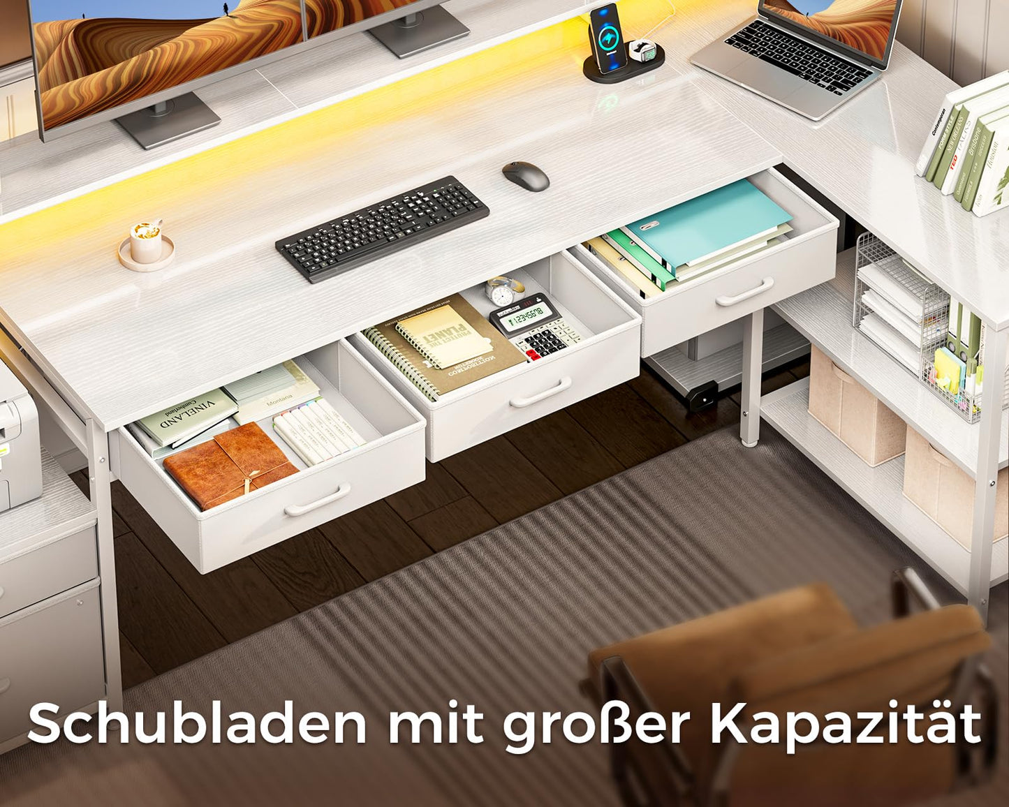 Coleshome L Shape Desk with Drawers, 195 x 100 cm Gaming Table with Socket, LED & Monitor Stand, Reversible Corner Desk with Storage Space, Computer Desk with Shelf for Office, Black