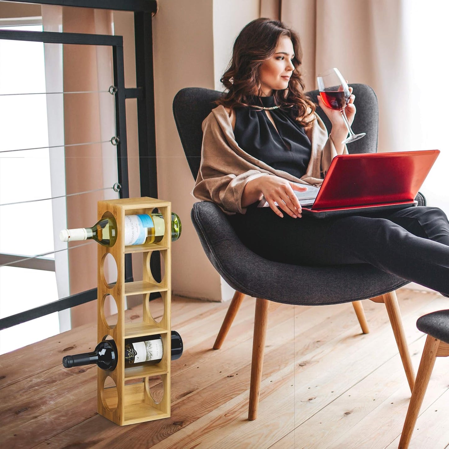 Relaxdays Bamboo Rack Size 53 x 14 x 12 cm, 5 Levels, Modern Bottle Storage Wine Holder for Horizontal Hold, Stackable, Natural Brown, Wood 12 x 14 x 53 cm