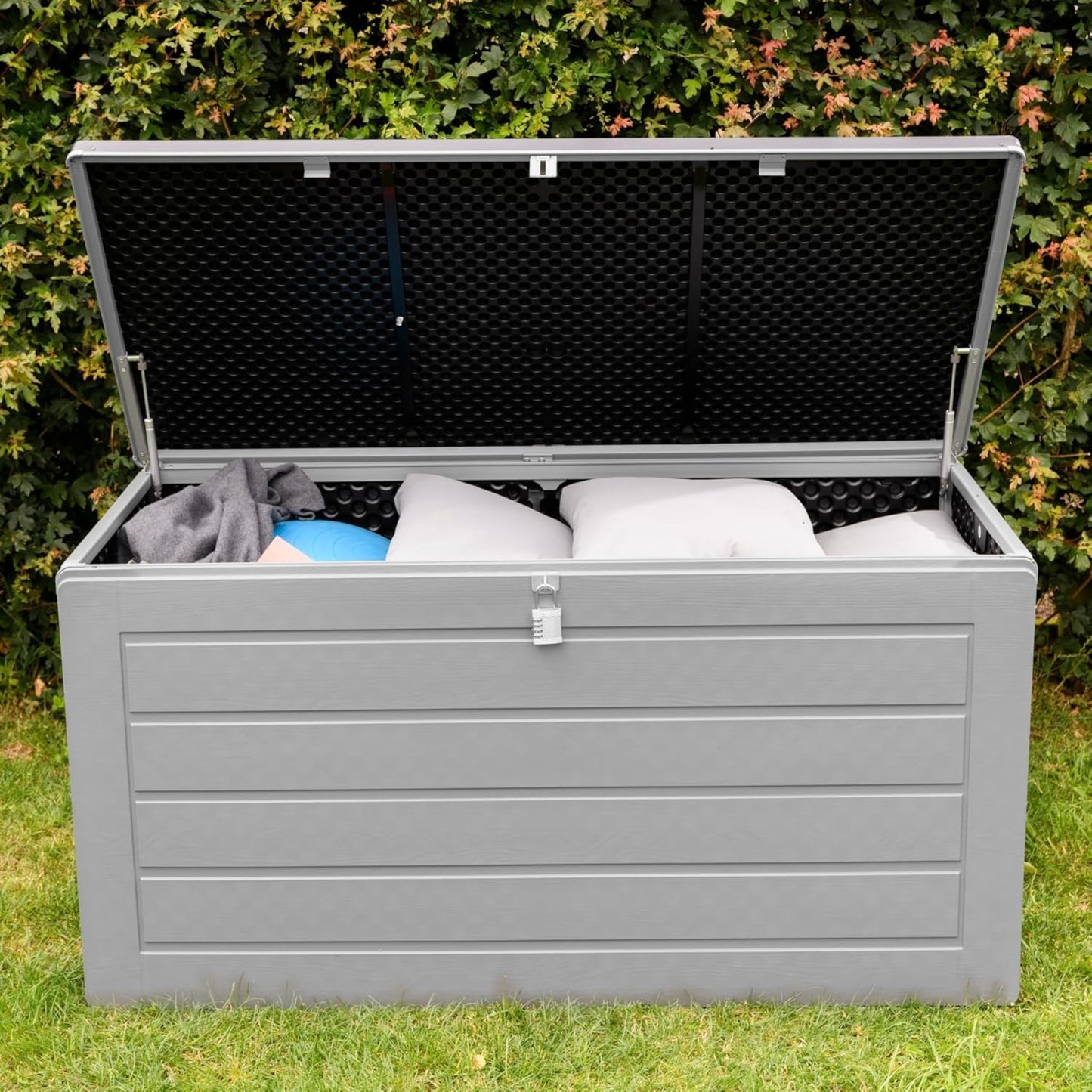 Olsen & Smith 270L Large Capacity Outdoor Garden Storage Box with Padlock Plastic Shed - Weatherproof and Stand Up with Wood Effect Chest (270L, Black)