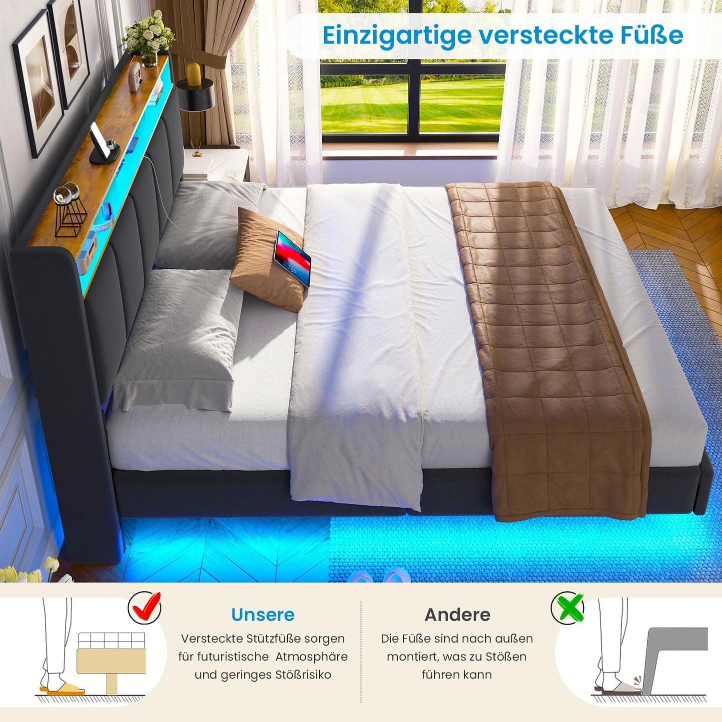 Upholstered Bed 180 x 200 cm Floating Bed with LED Lighting, Headboard and Charging Station (2 AC Sockets, 2 USB Ports), Bed 180 x 200 cm with Storage Space, Modern Double Bed with Slatted