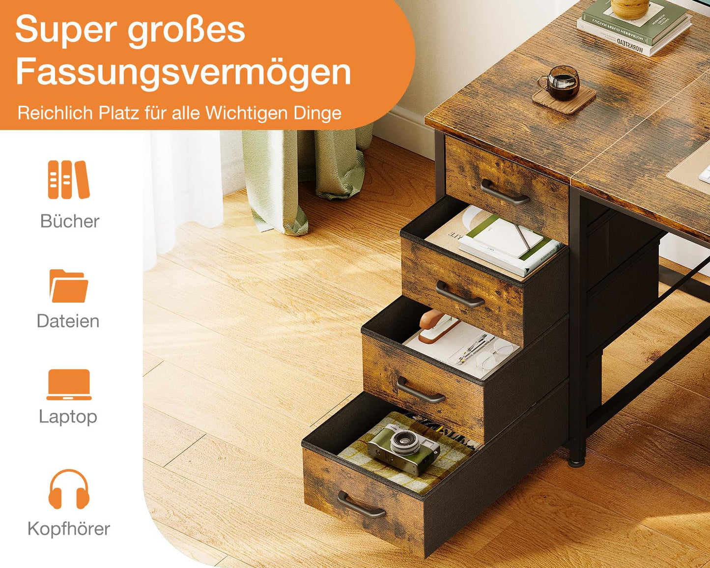 Coleshome Desk with 8 Fabric Drawers, 120 x 48 cm, Desk with Storage Space, Computer Desk with Headphones, Office Table, PC Table, Office Table for Office, Living Room, Home Office, Brown