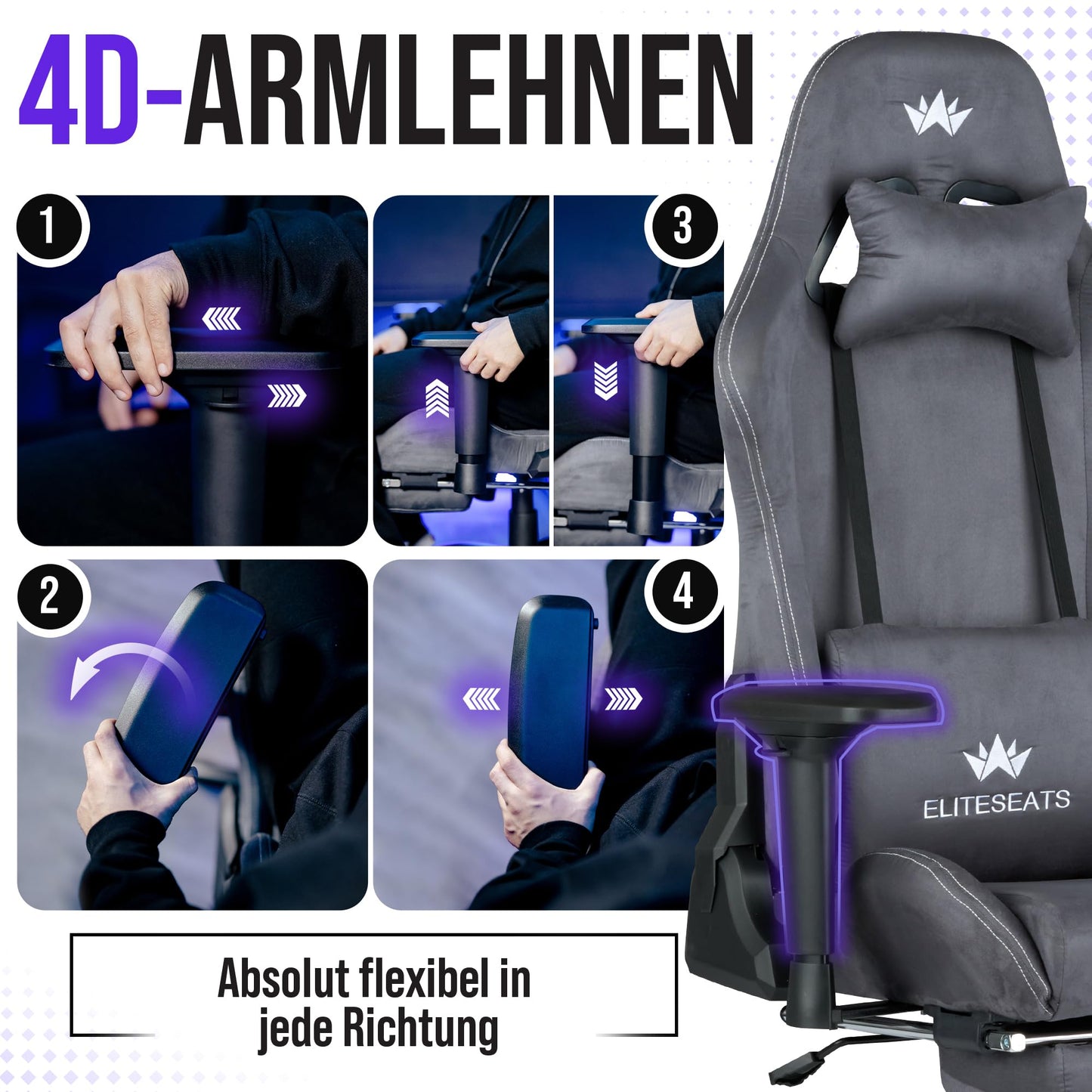 ELITESEATS Ergonomic Gaming Chair [Test Winner] Scratch-Free Wheels Breathable 4D Armrests with Footrest Ergonomic Gaming Chair Fabric 150 kg Load Capacity Gaming Chair Gaming Chair