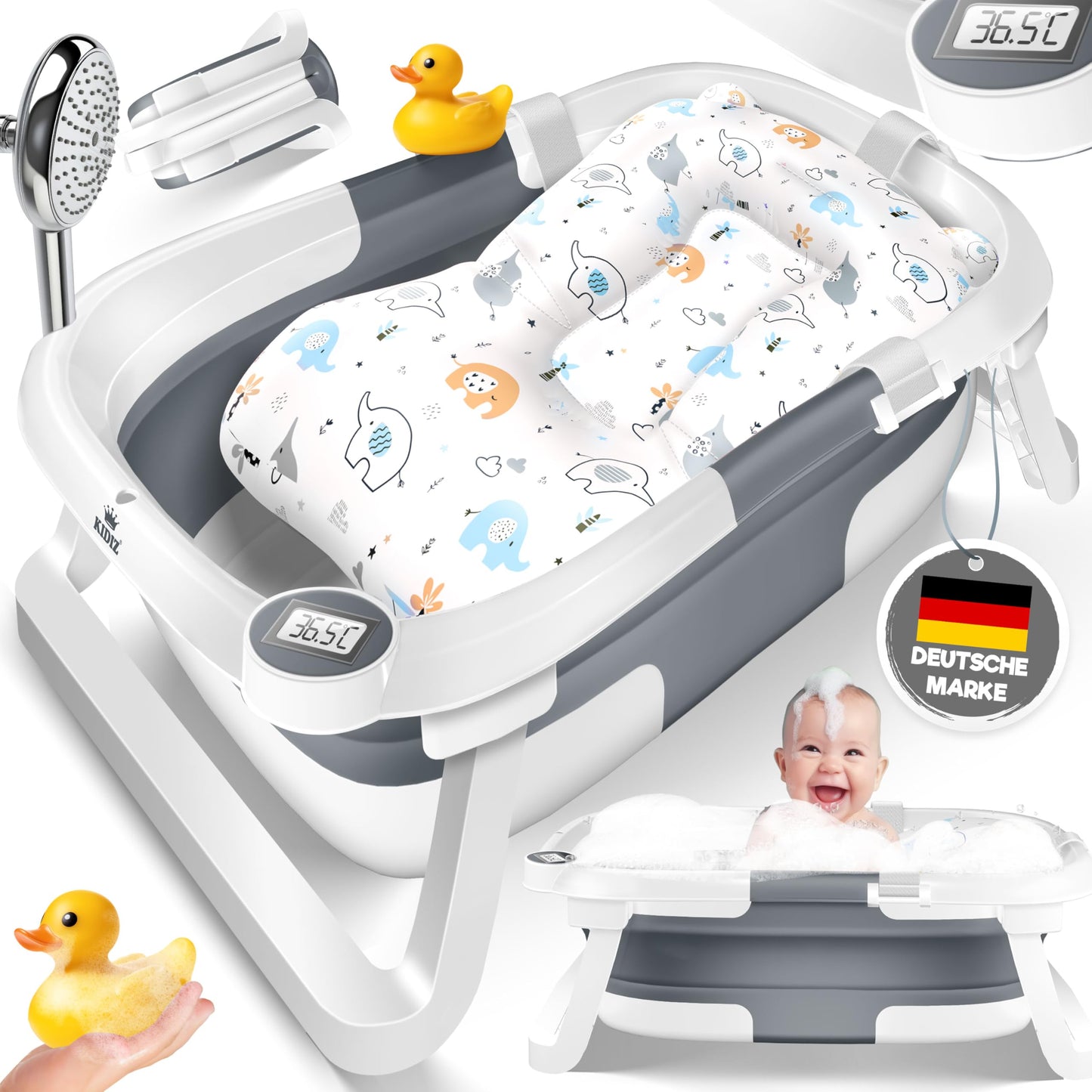 KIDIZ® Baby Bathtub, Baby Bathtub, Space-Saving & Foldable, Bath Tub, Shower Tray for Newborns, Toddlers, 0-24 Months, Portable Travel Shower for Babies, Ergonomic Bathtub with Thermostat and