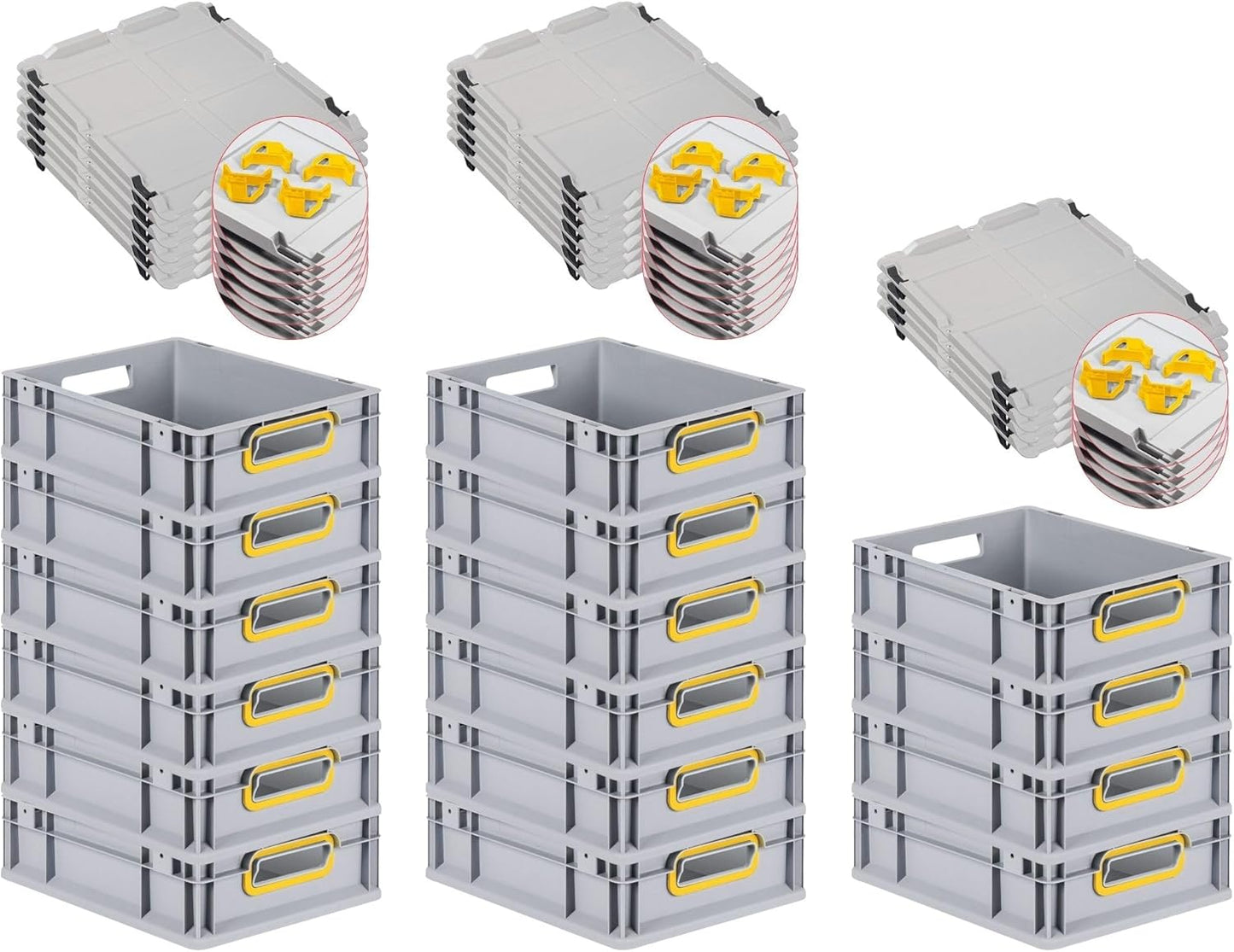 PROREGAL Economy Set of 5 Eurobox NextGen Colour with Lid and Sliding Snap Fasteners, H x W x D 22 x 30 x 40 cm, 20 L, Black, Closed Handles, Euro Container, Transport Box, Transport Container