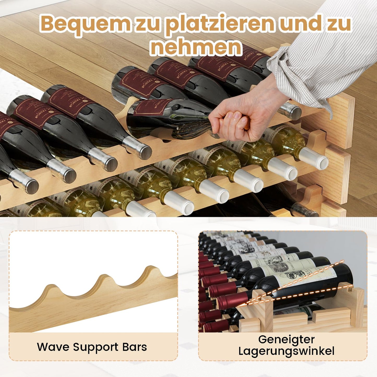COSTWAY Wine Rack Wood Stackable Bottle Rack for 72 Bottles, Wine Rack with 6 Levels, Wooden Shelf, Bottle Stand for Kitchen, Dining Room, Bar, Basement, 119 x 29 x 72 cm